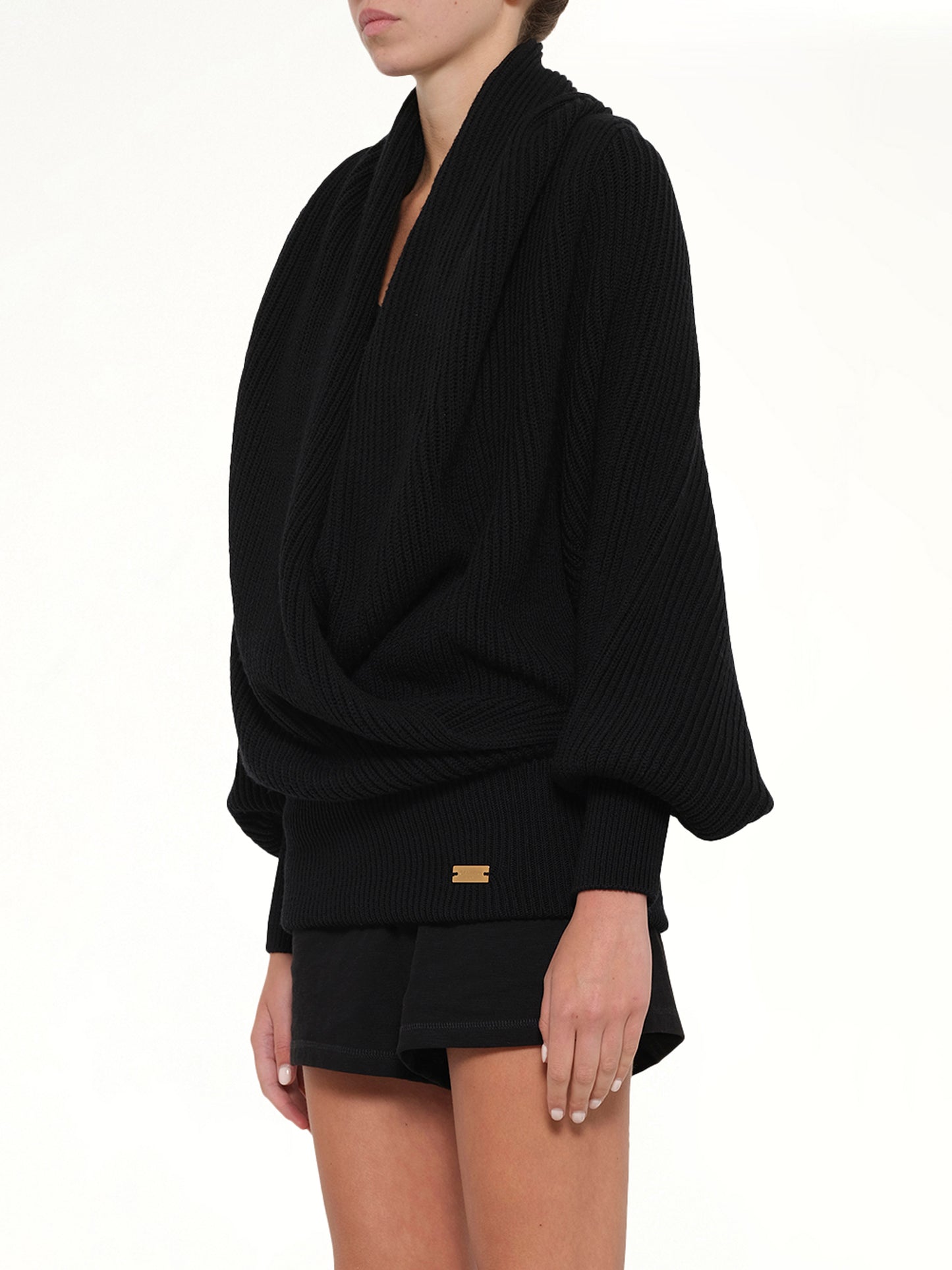 Batwing Hooded Rib Knit Pullover in Black