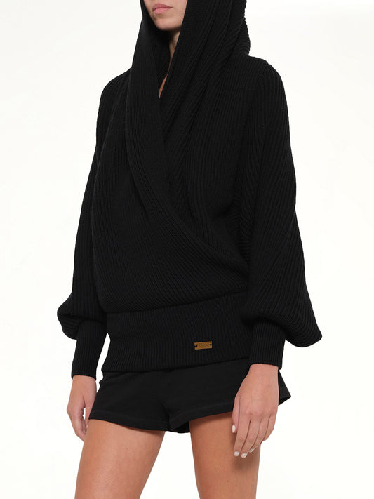 Batwing Hooded Rib Knit Pullover in Black