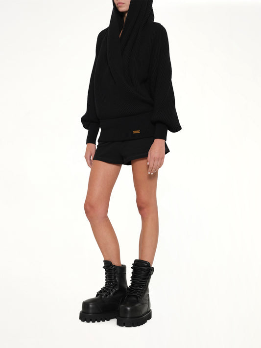 Batwing Hooded Rib Knit Pullover in Black