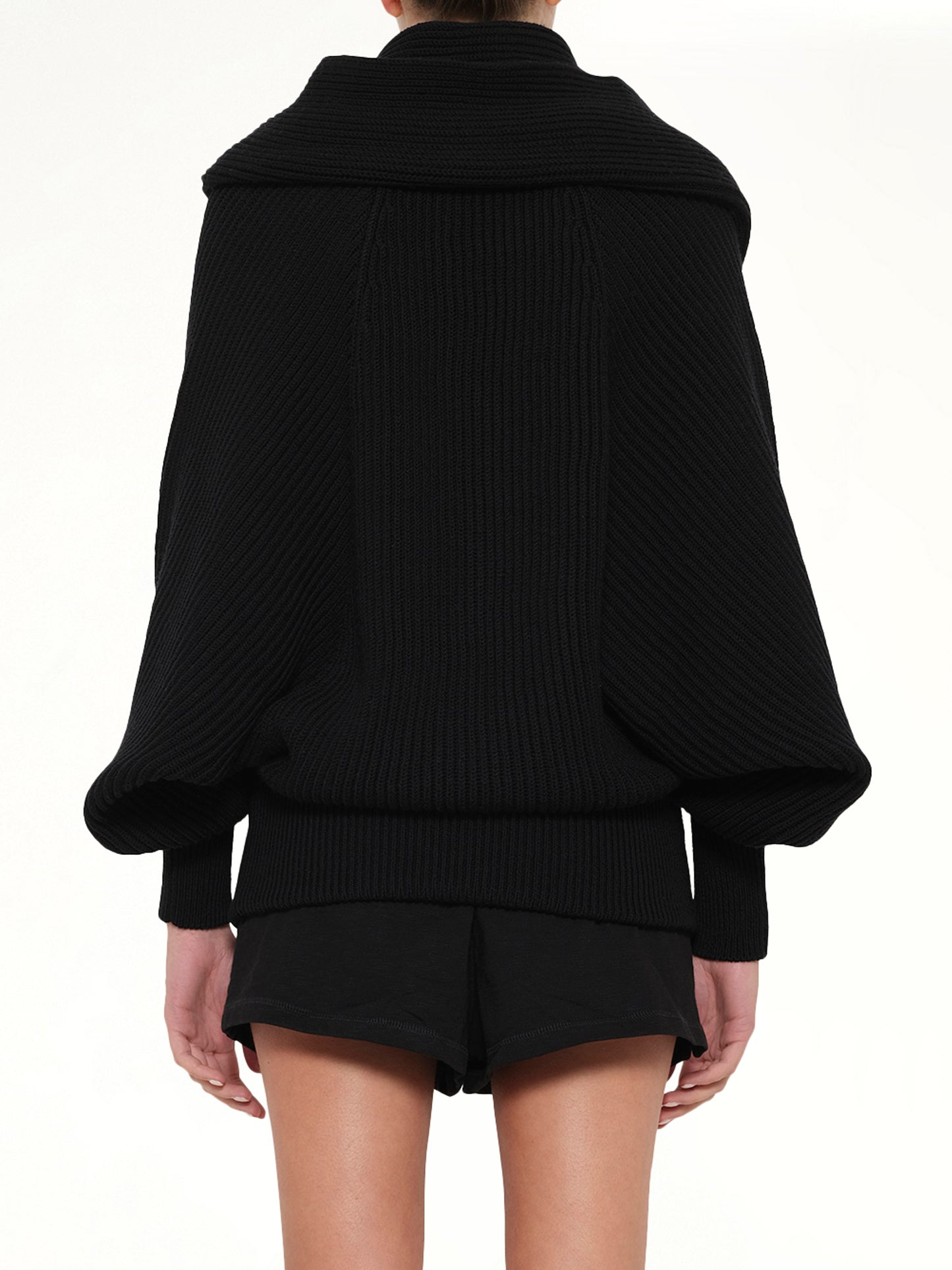 Batwing Hooded Rib Knit Pullover in Black