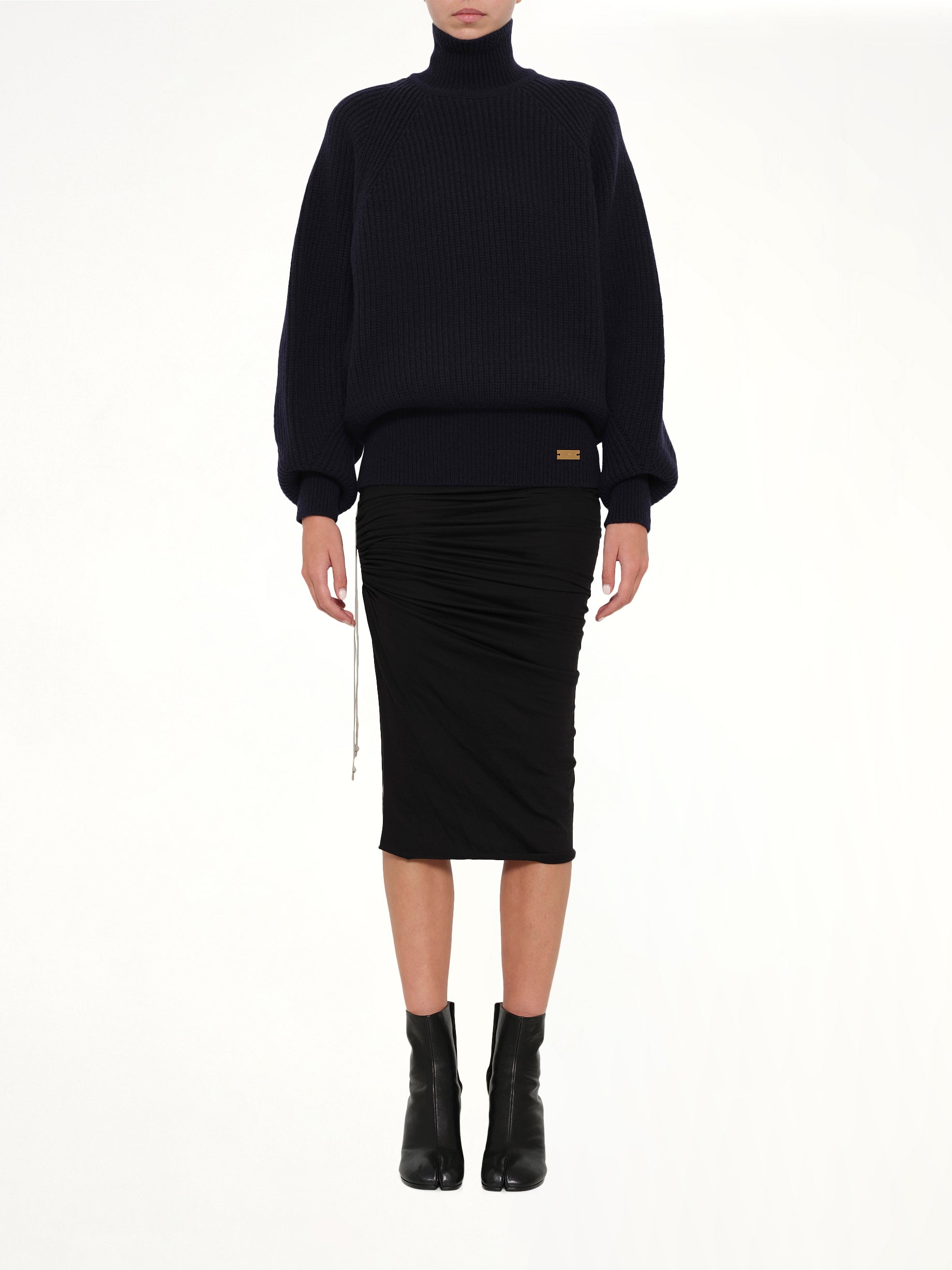 BALMAIN Batwing Ribbed Knit Pullover in Blue Model View from MARAIS