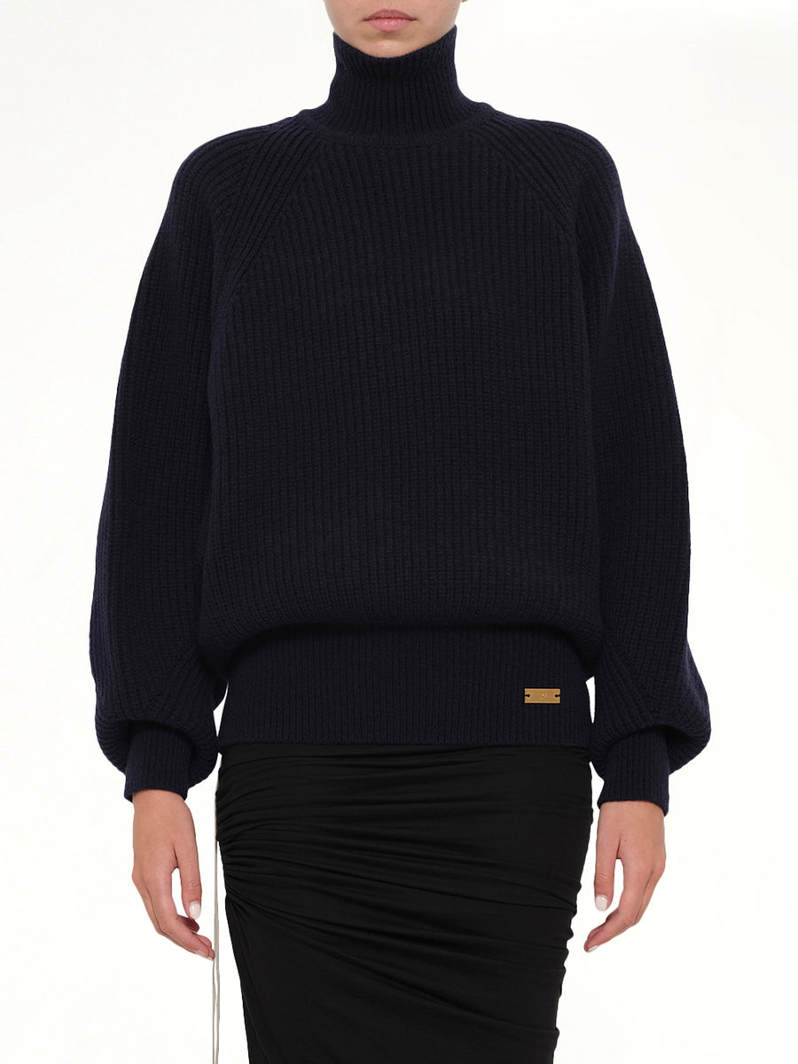 Batwing Ribbed Knit Pullover in Blue