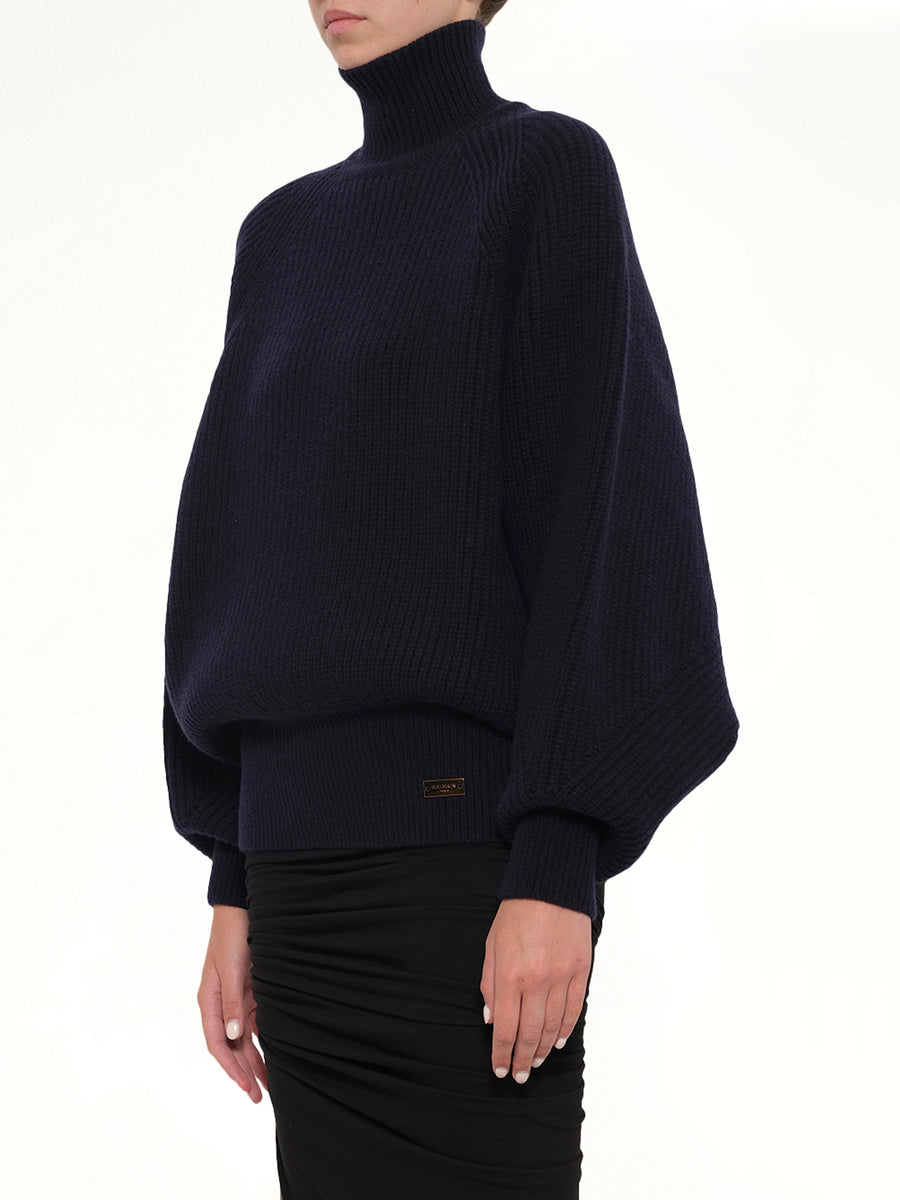 Batwing Ribbed Knit Pullover in Blue