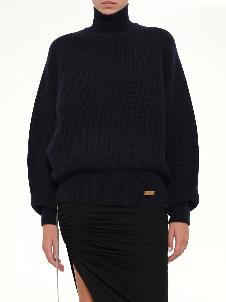 Batwing Ribbed Knit Pullover in Blue