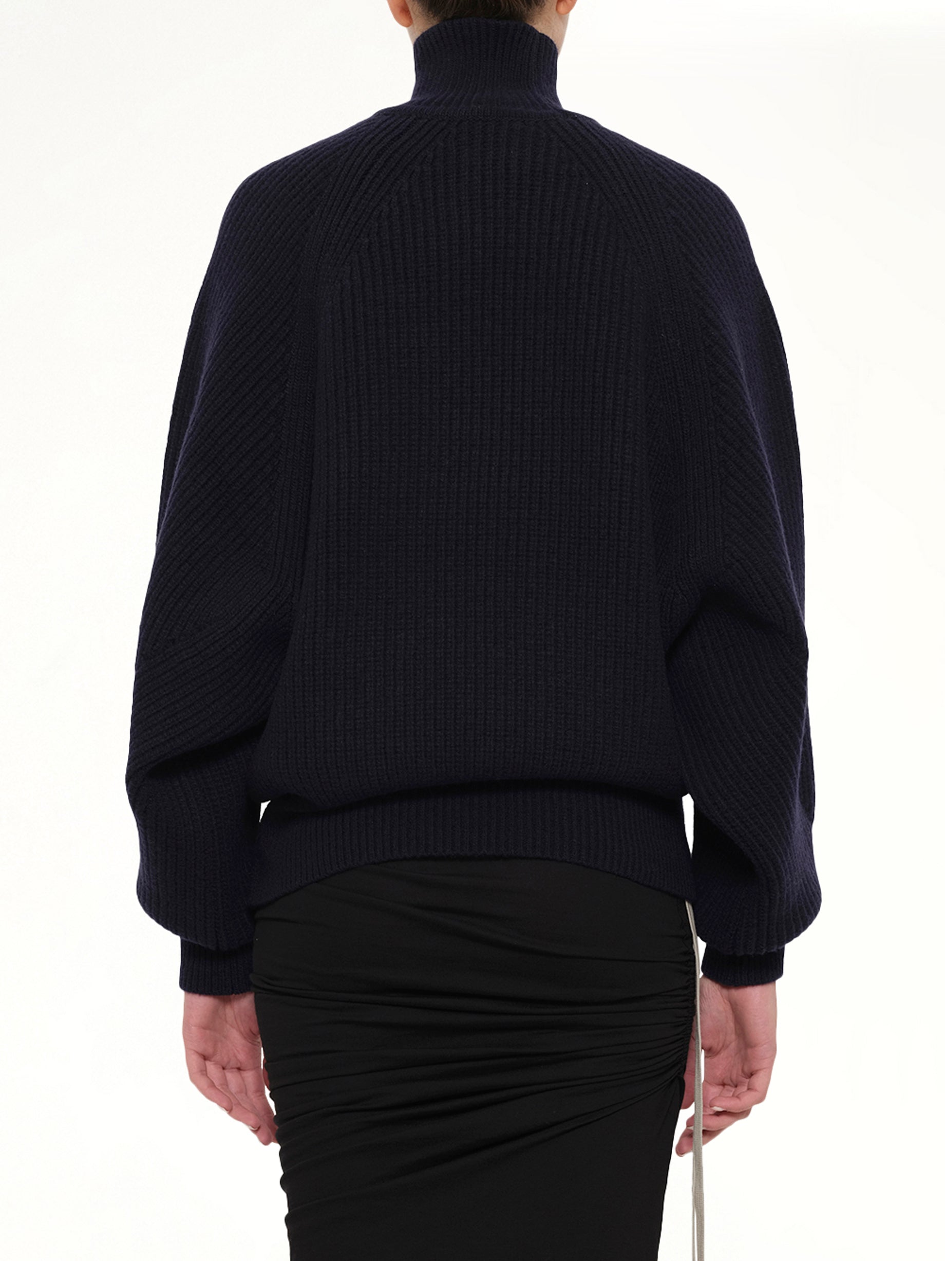 BALMAIN Batwing Ribbed Knit Pullover in Blue Back View from MARAIS