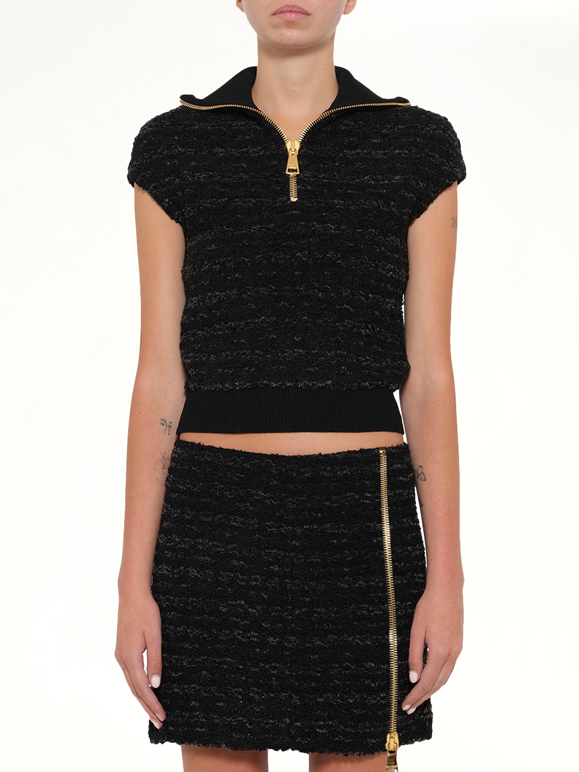 Zipped Short Sleeve Knit Tweed Top in Black