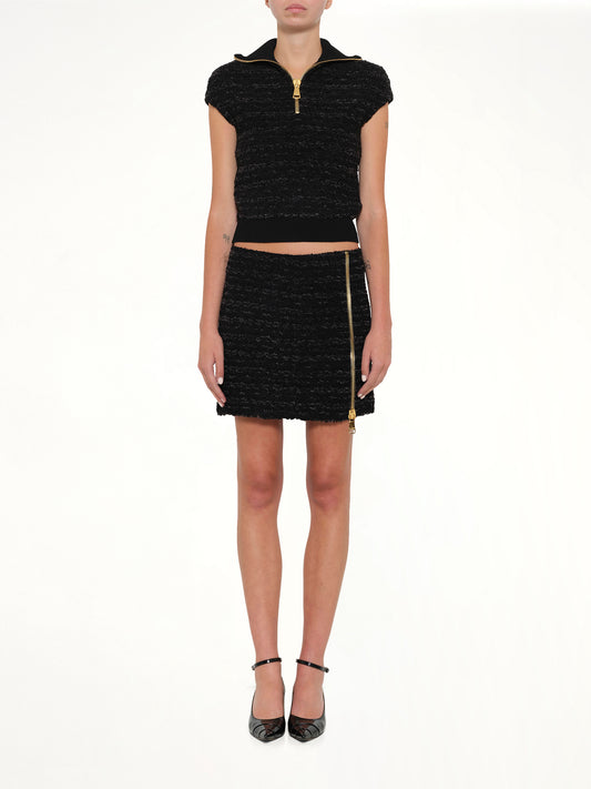 Zipped Short Sleeve Knit Tweed Top in Black