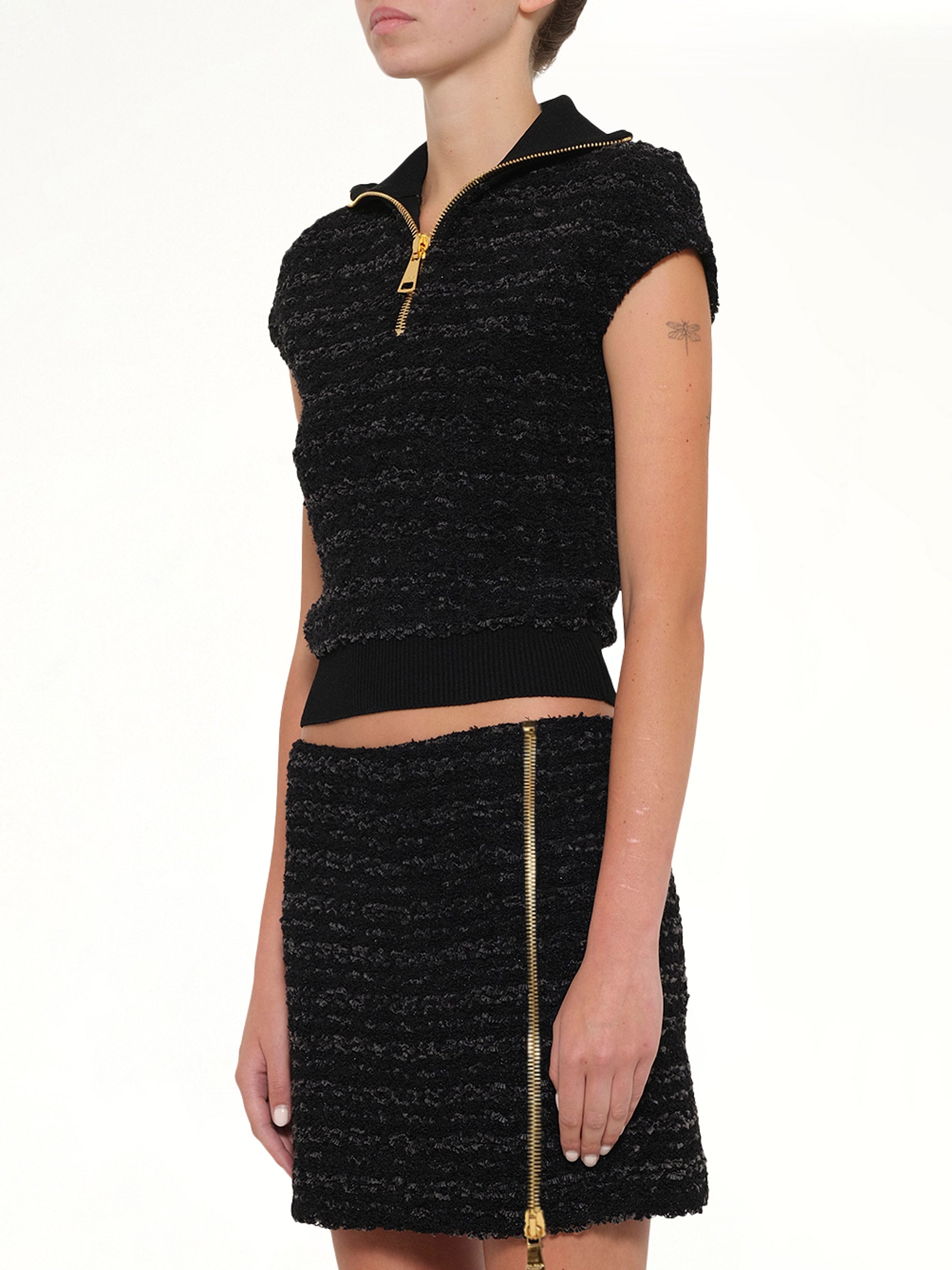 BALMAIN , 
, Zipped Short Sleeve Knit Tweed Top in Black Side View from MARAIS
