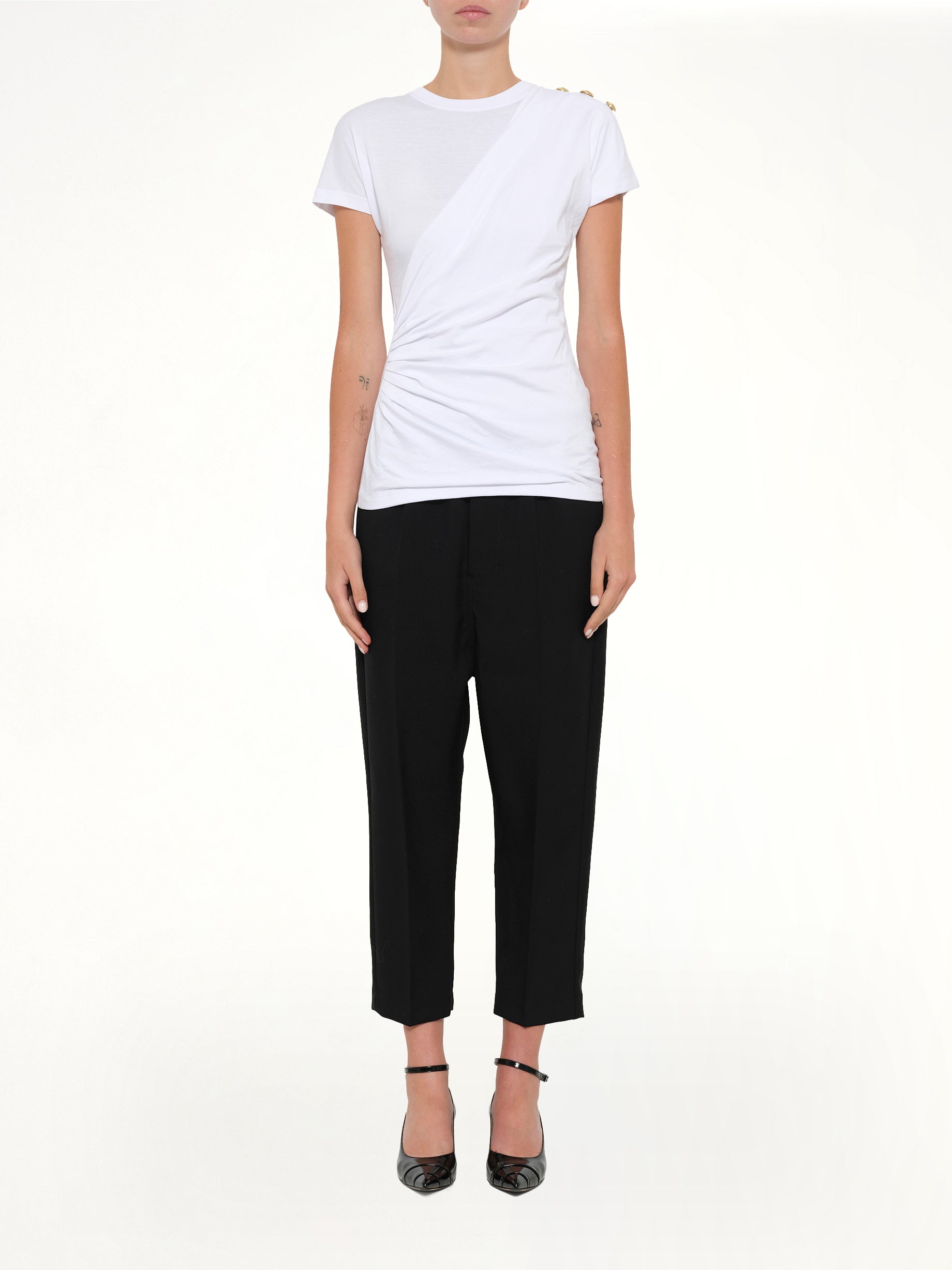 BALMAIN 3 Buttons Knotted T-Shirt in White/Black Model View from MARAIS
