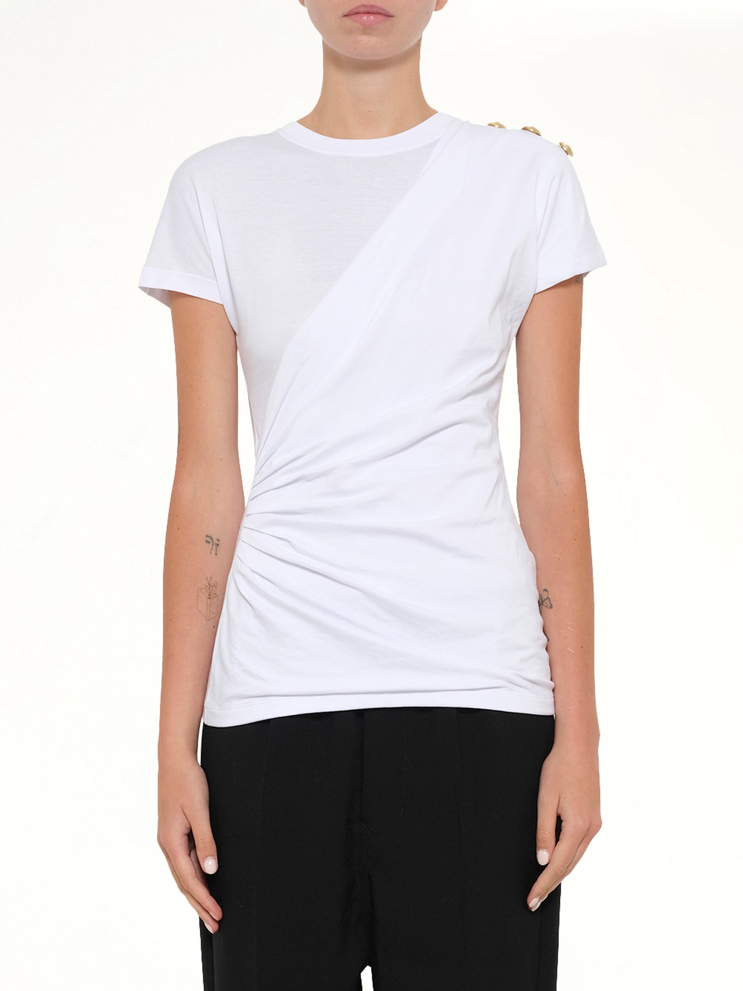 3 Buttons Knotted T-Shirt in White/Black