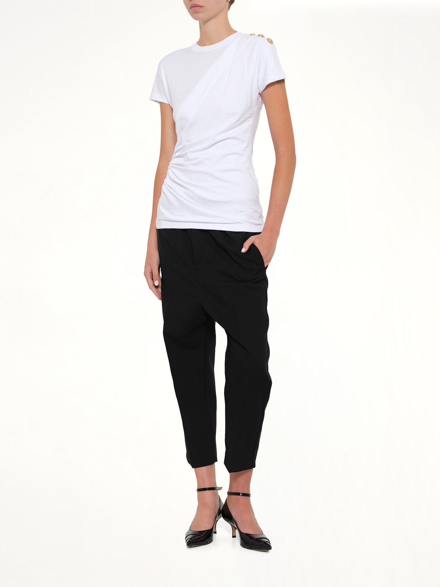 3 Buttons Knotted T-Shirt in White/Black