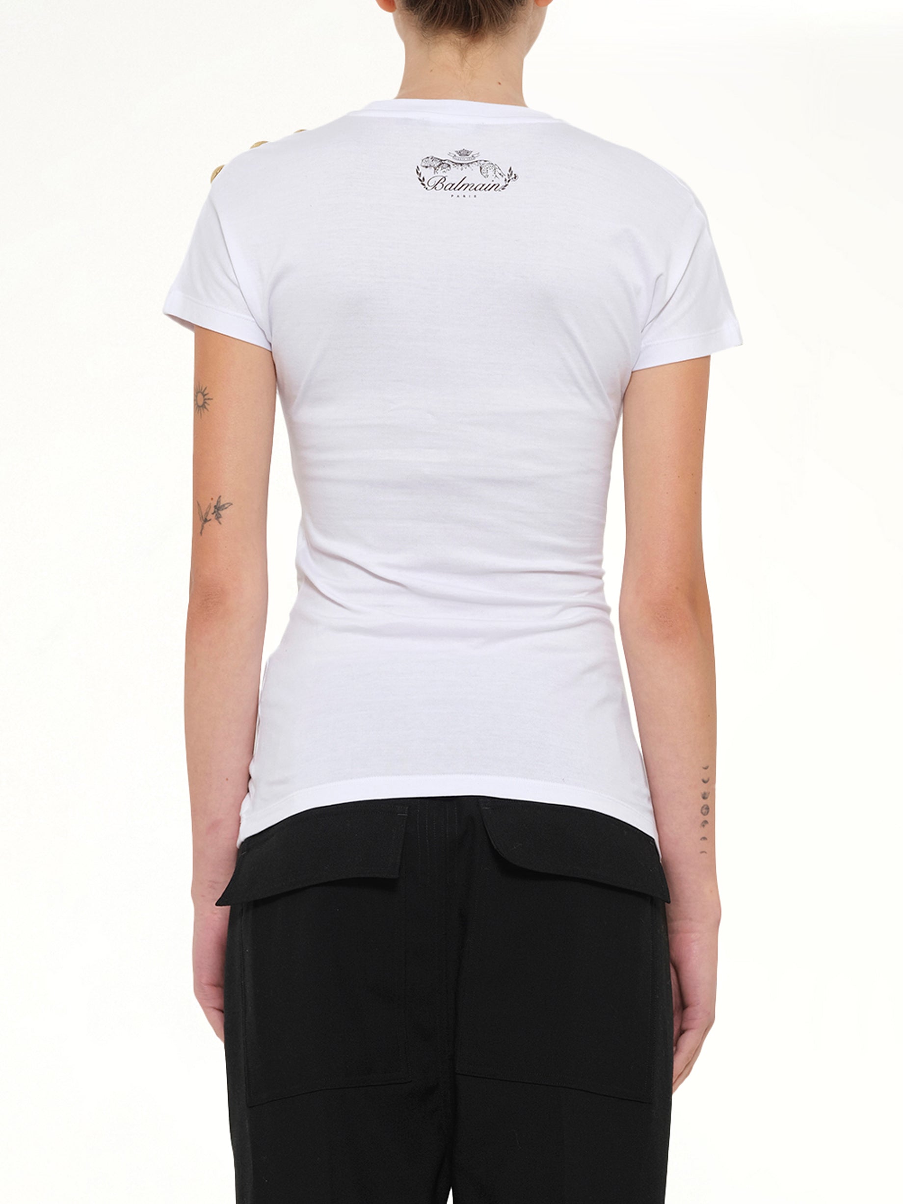 BALMAIN 3 Buttons Knotted T-Shirt in White/Black Back View from MARAIS