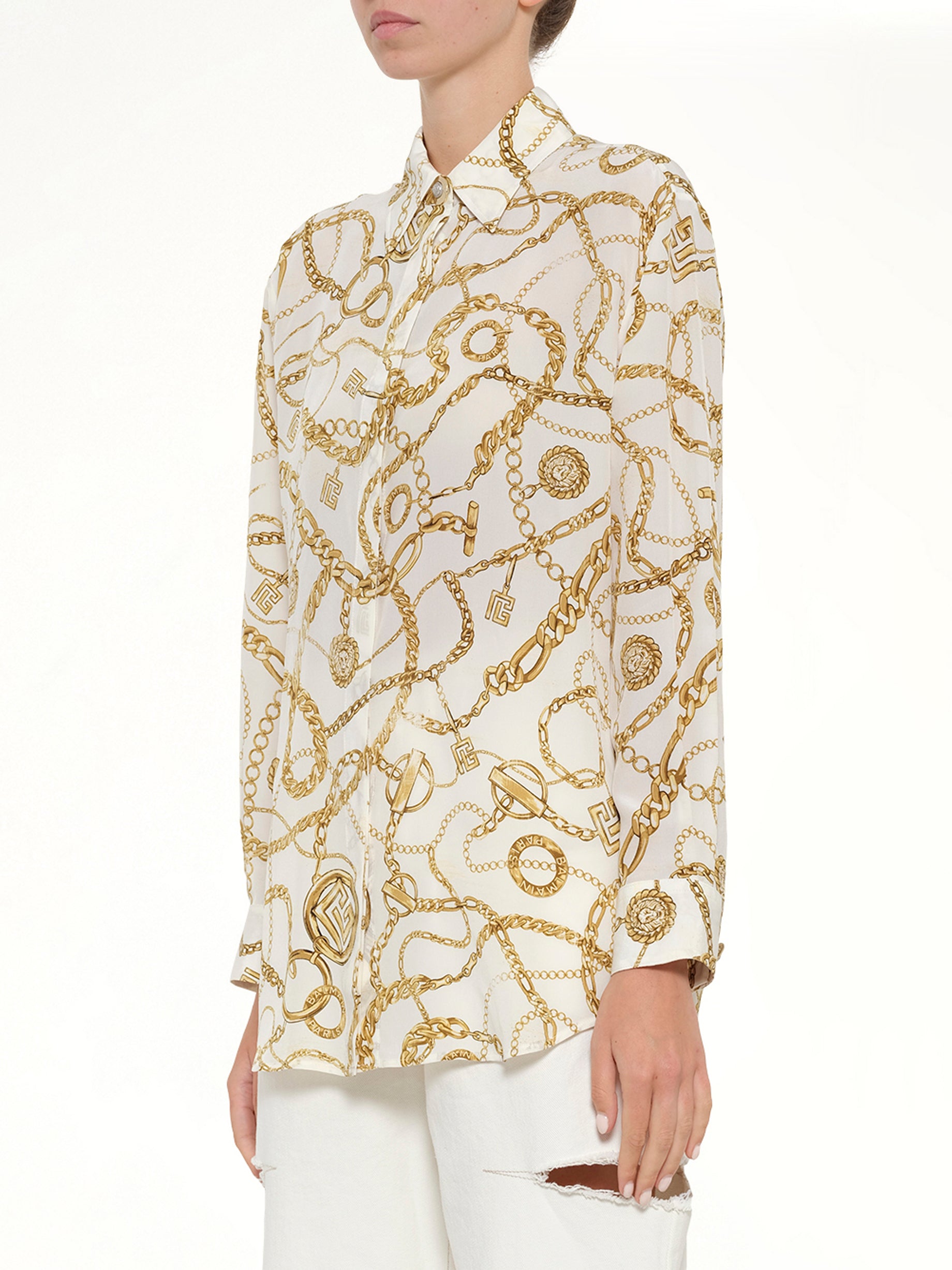 BALMAIN Chains Printed T-Shirt in White/Gold Side View from MARAIS
