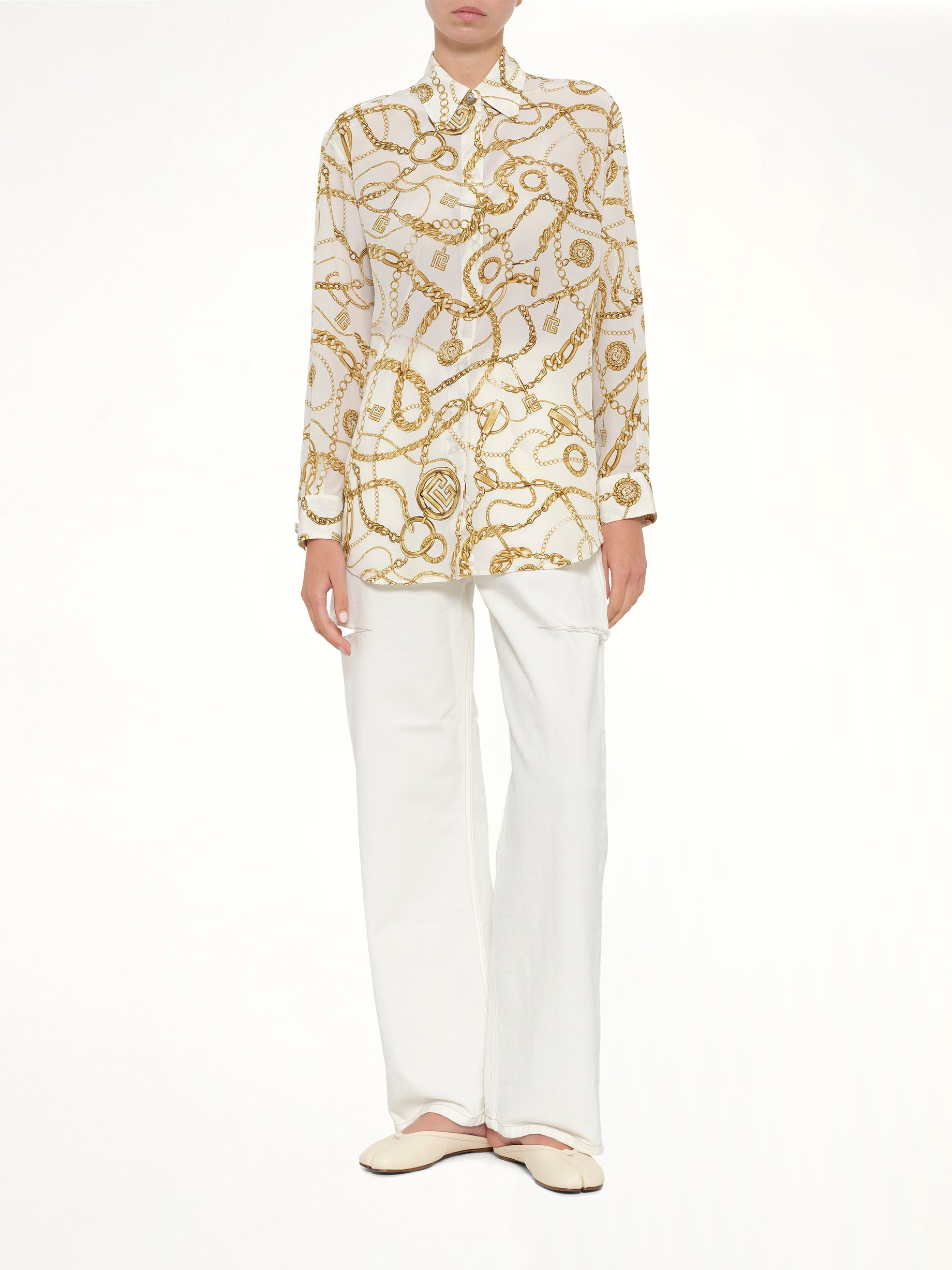 BALMAIN Chains Printed T-Shirt in White/Gold Full Reference from MARAIS