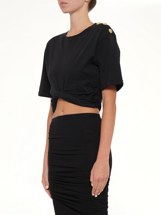 Cropped Knotted T-Shirt in Black/Beige
