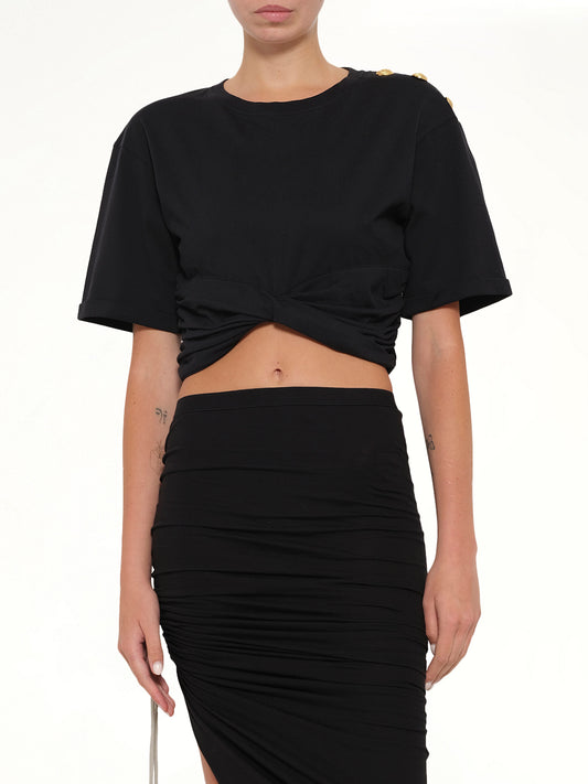 Cropped Knotted T-Shirt in Black/Beige