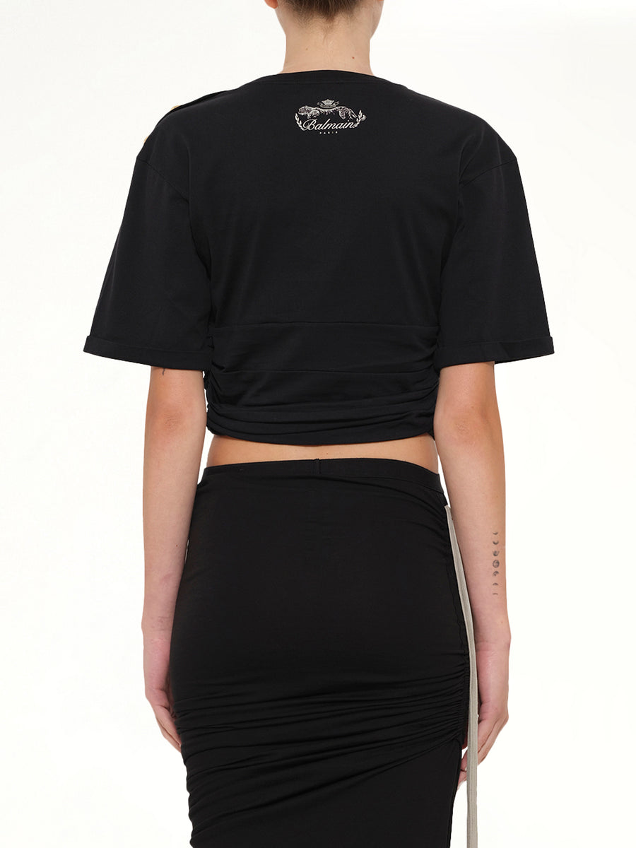 Cropped Knotted T-Shirt in Black/Beige