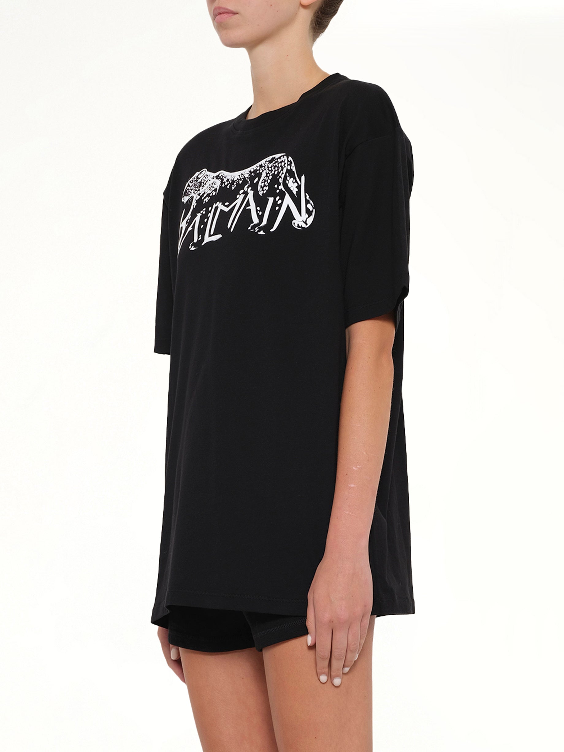 BALMAIN Leopard Print T-Shirt in Black/White Side View from MARAIS