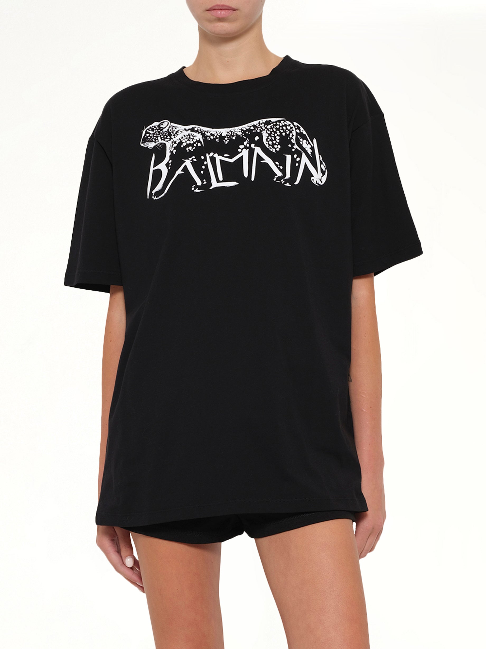 BALMAIN Leopard Print T-Shirt in Black/White Detail Shot from MARAIS