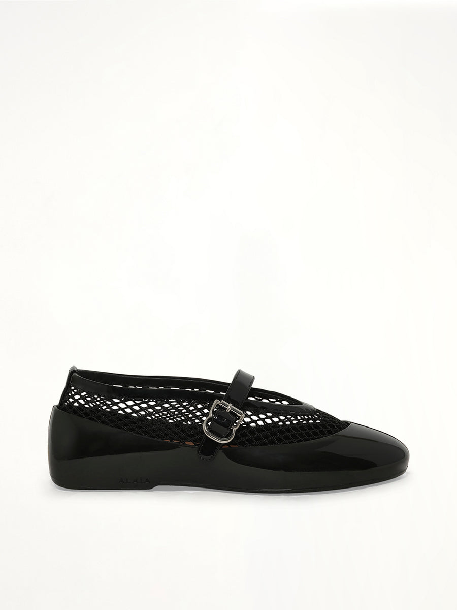 Ballet Fishnet & Rubber Flats in Black Side View | ALAIA