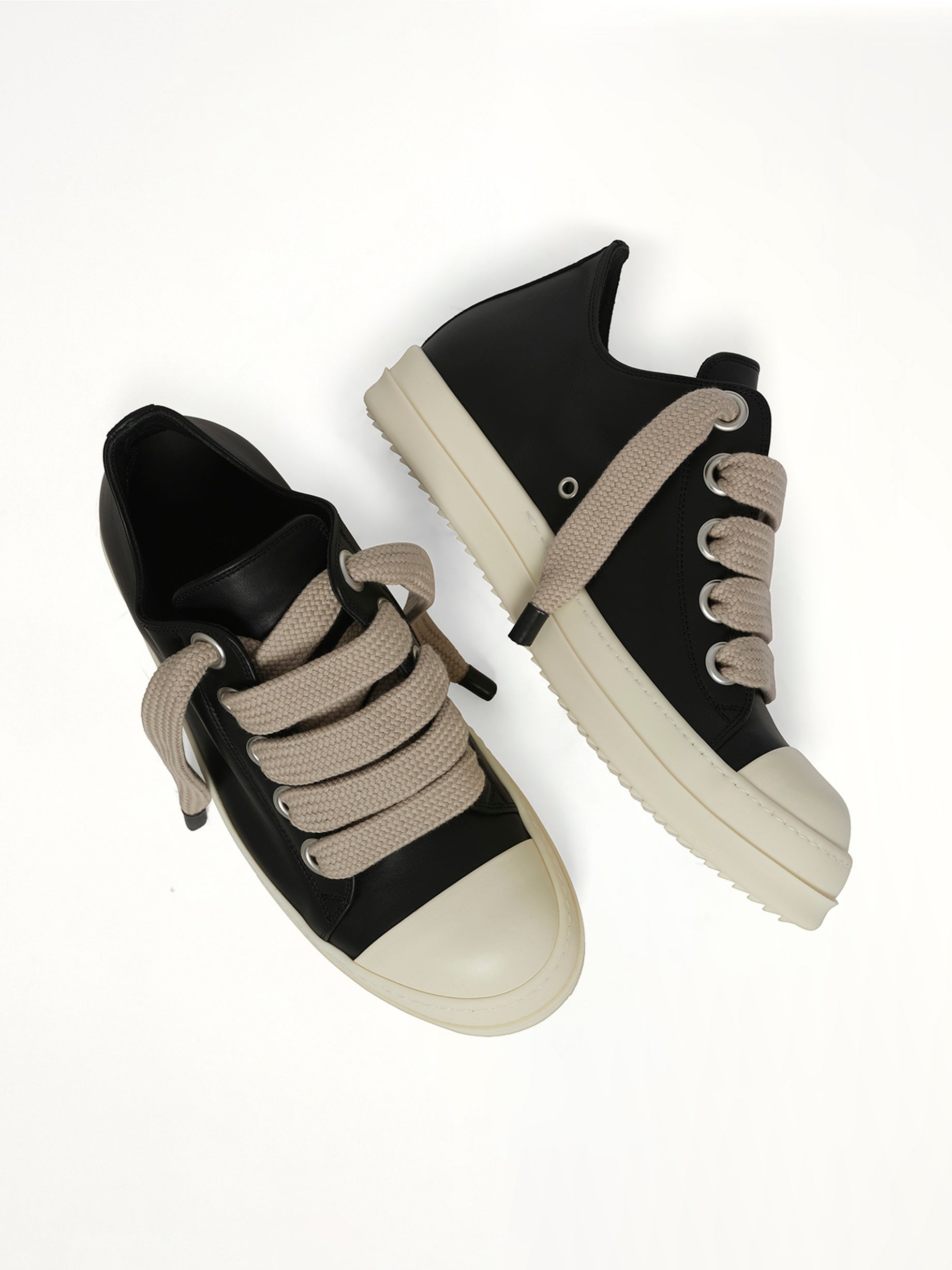 RICK OWENS Jumbolace Low Sneaks in Black/Milk Top View from MARAIS