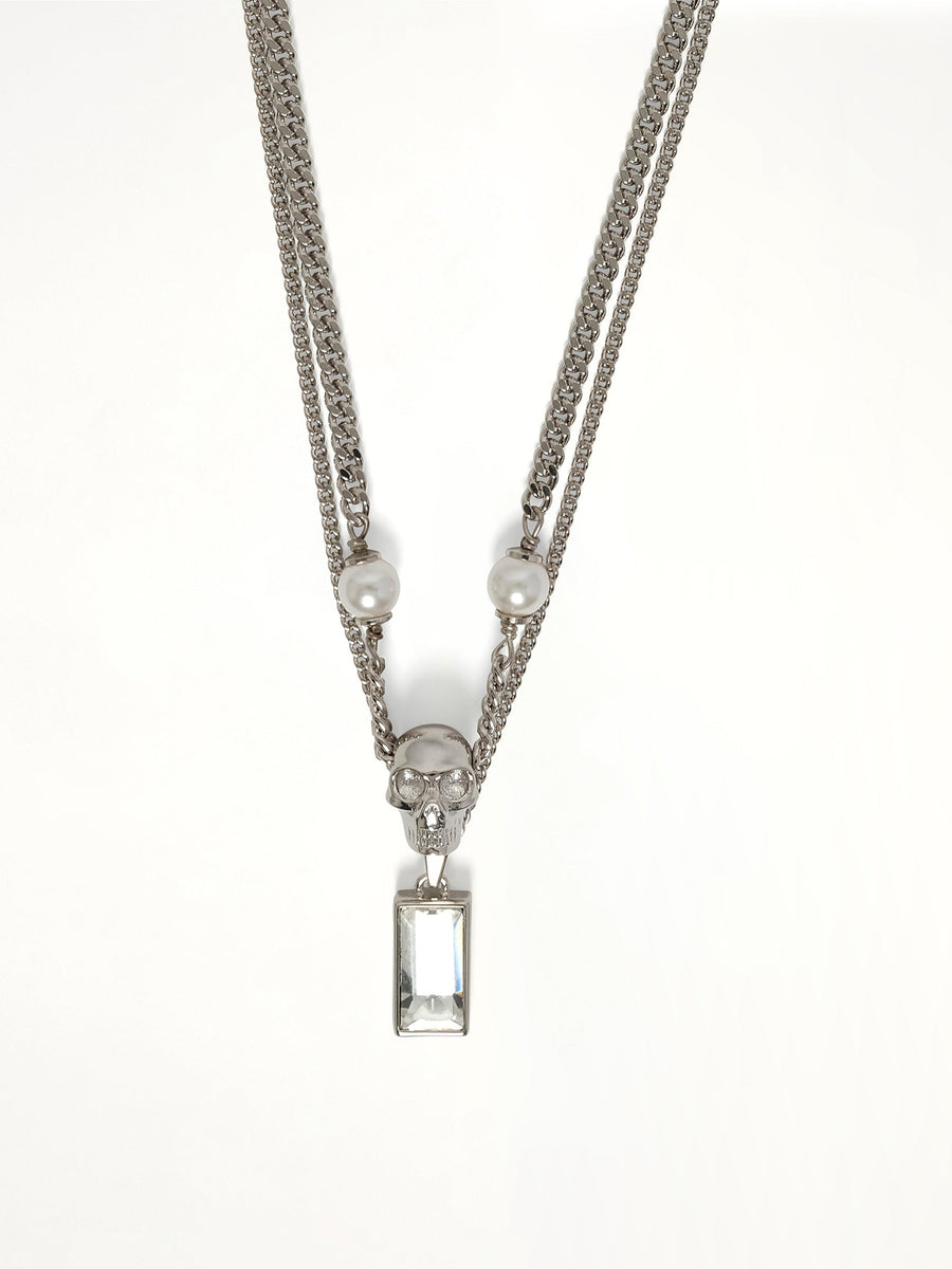 Skull & Pearl Necklace in Silver