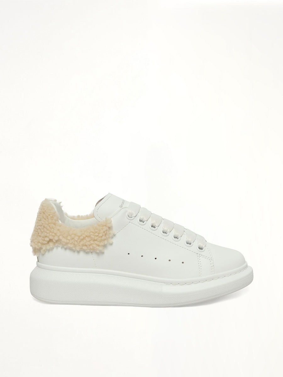 Larry Fur Heel Sneaker in White/Beige Side View | ALEXANDER MCQUEEN