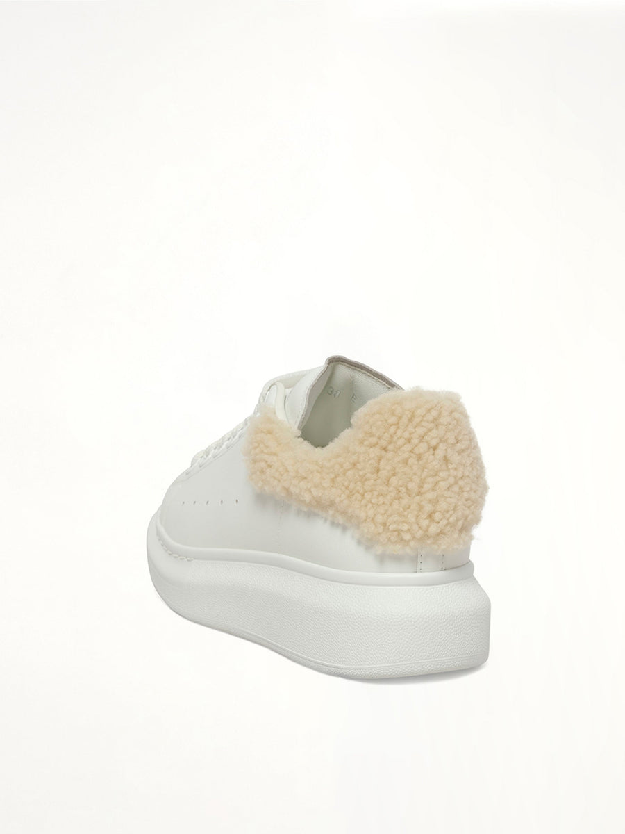 Larry Fur Heel Sneaker in White/Beige Back View | ALEXANDER MCQUEEN