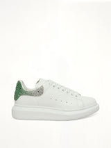 Larry Oversized Heel Sneaker in White/Green Crystal Side View | ALEXANDER MCQUEEN