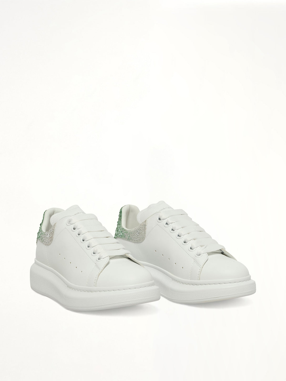 Larry Oversized Heel Sneaker in White/Green Crystal Front View | ALEXANDER MCQUEEN