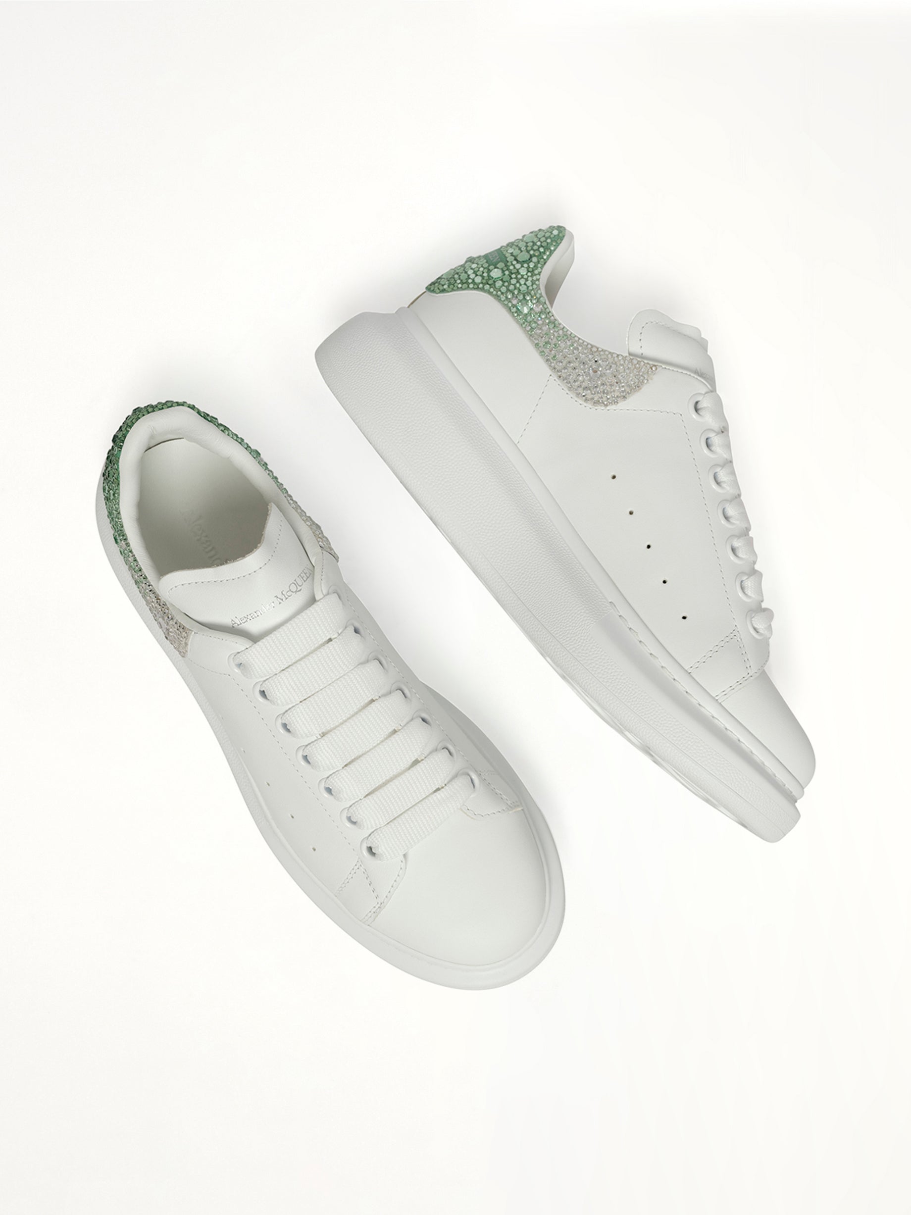 Larry Oversized Heel Sneaker in White/Green Crystal Top View | ALEXANDER MCQUEEN
