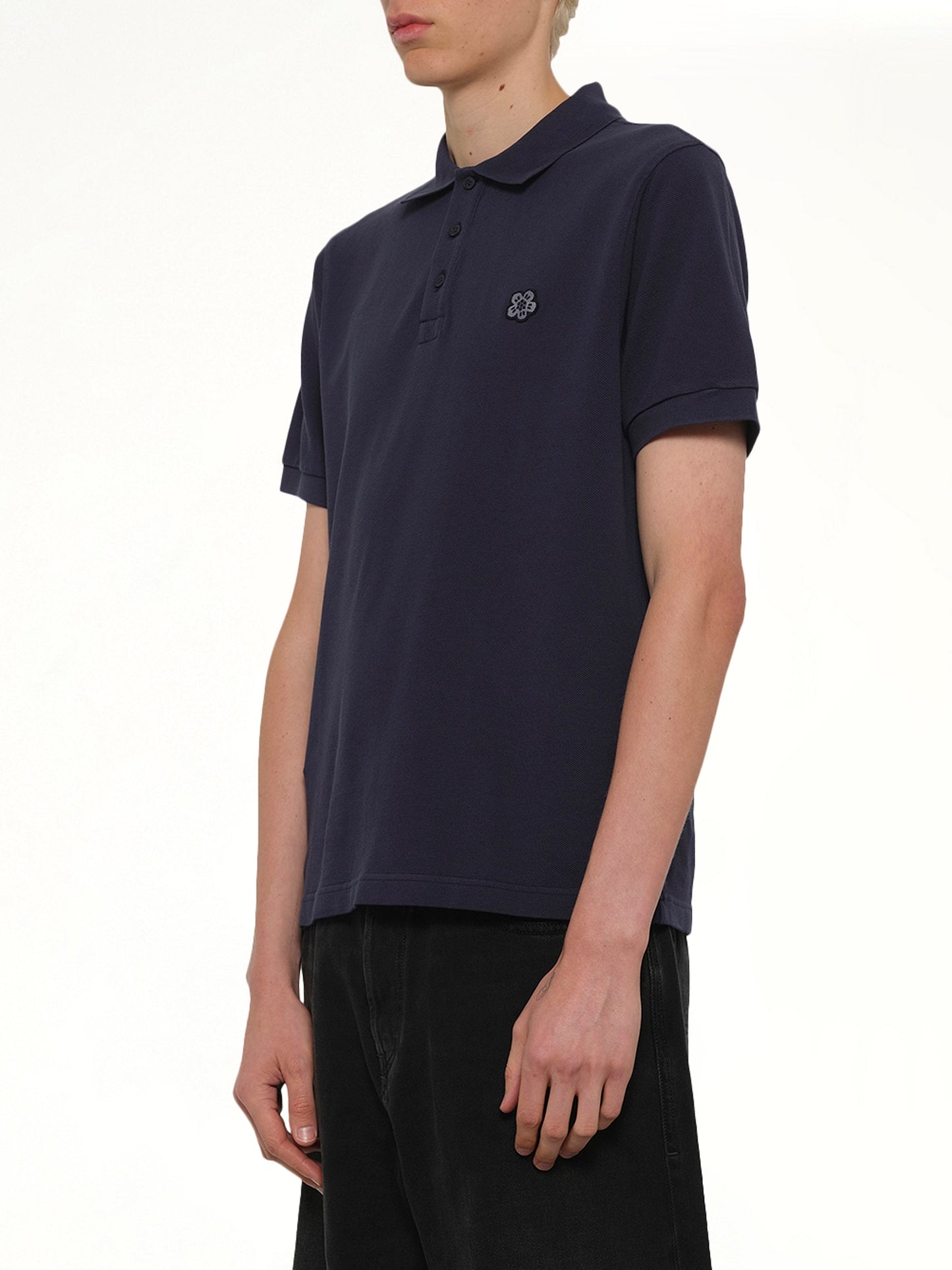 Gots Boke Flower Embroidered Slim Polo in Navy Blue