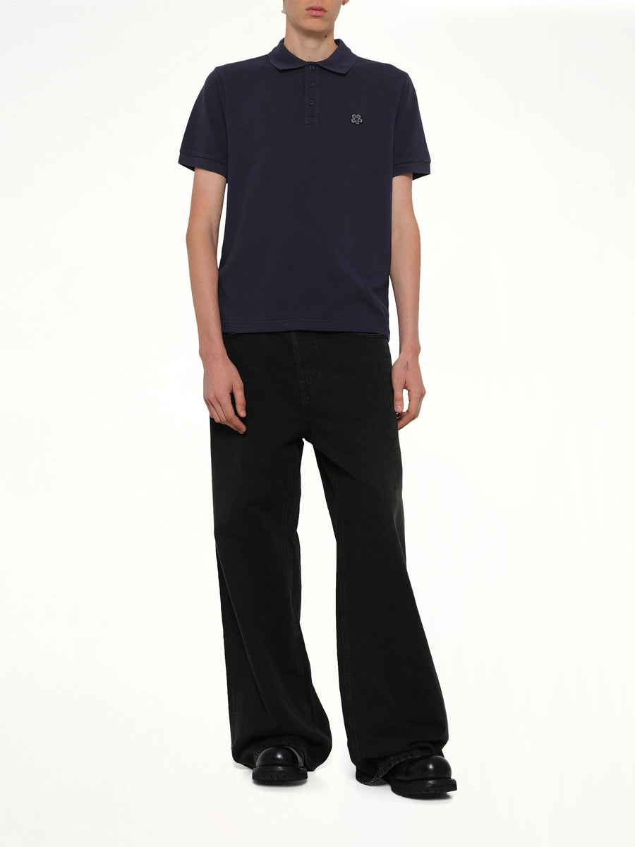 Gots Boke Flower Embroidered Slim Polo in Navy Blue