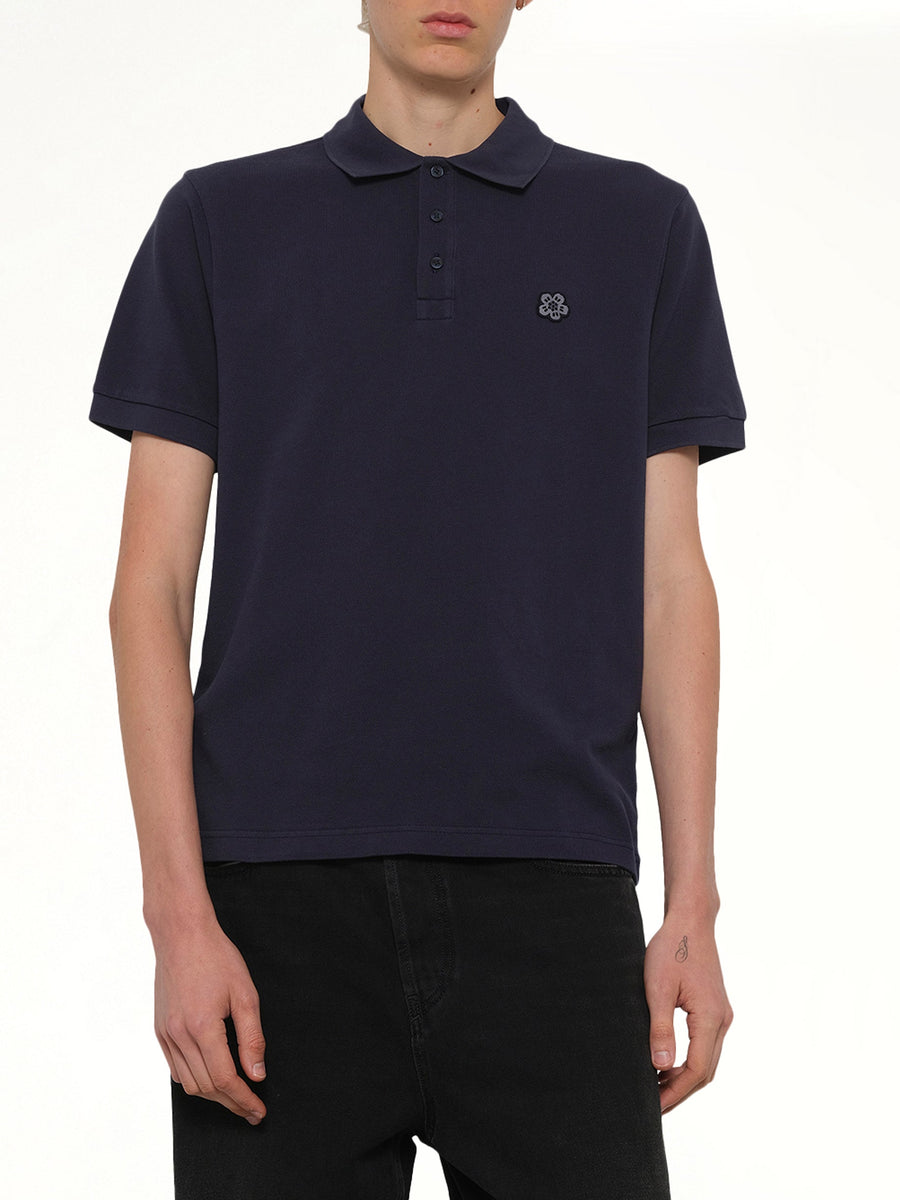 Gots Boke Flower Embroidered Slim Polo in Navy Blue