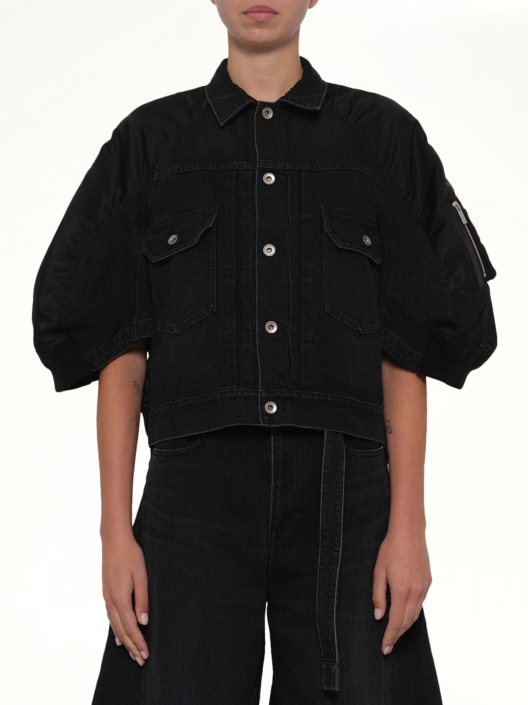 Denim x Nylon Twill Short Sleeve Jacket in Black