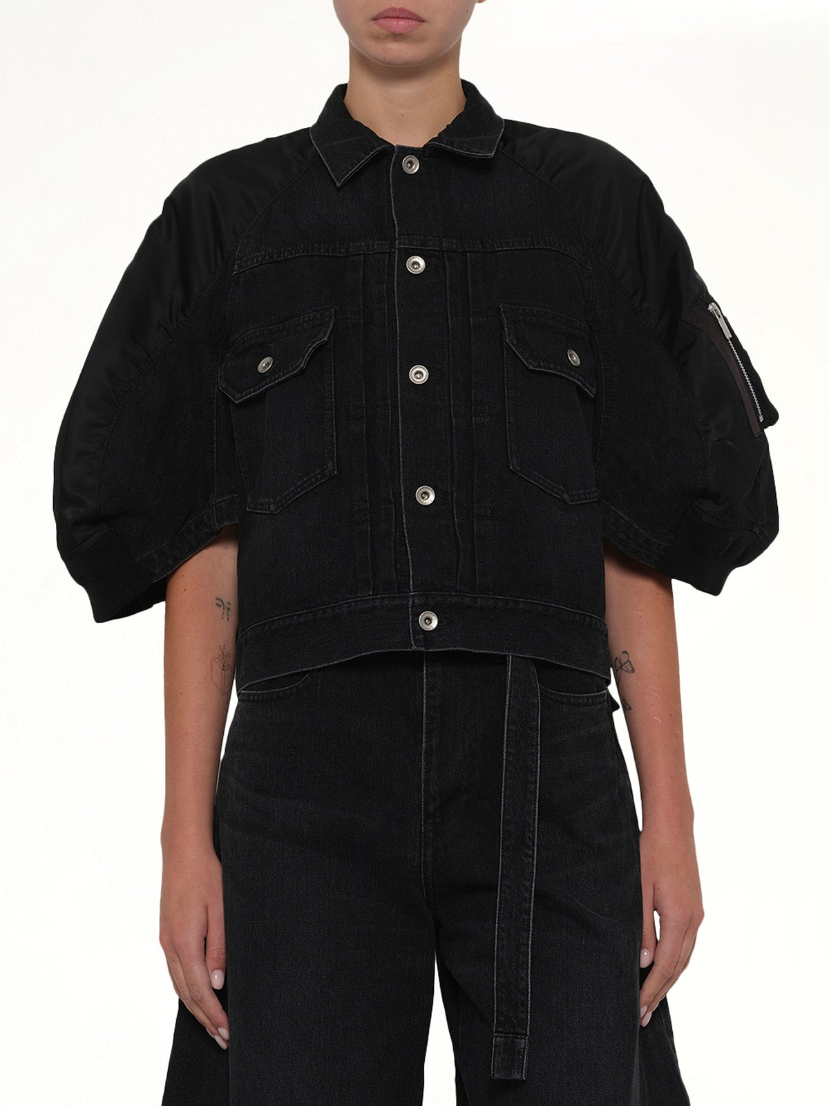 Denim x Nylon Twill Short Sleeve Jacket in Black