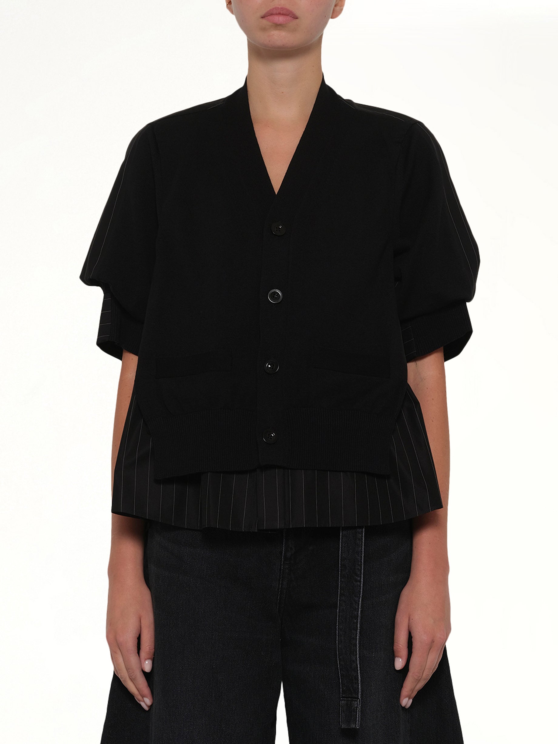 Chalk Stripe x Cotton Knit Cardigan in Black