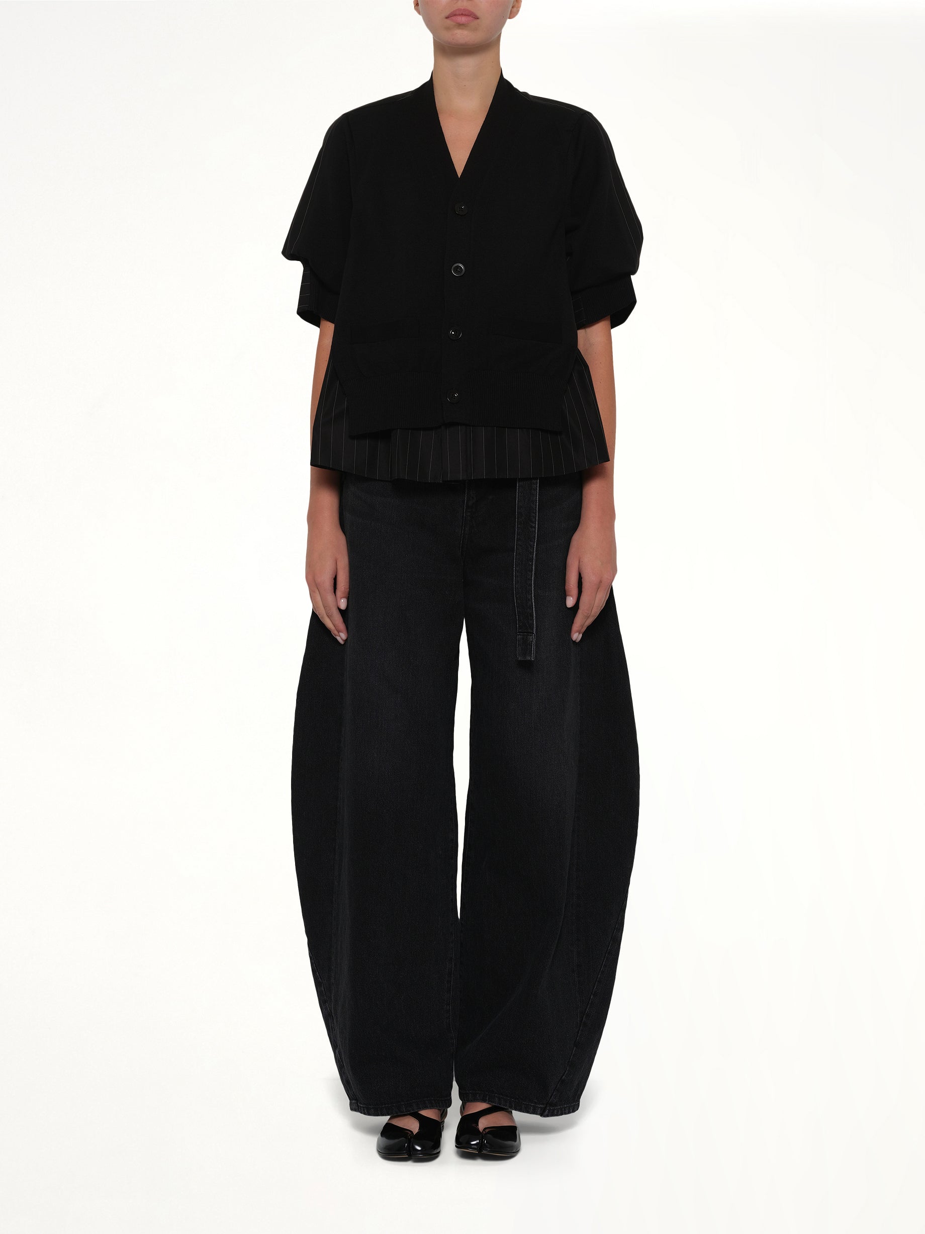 Chalk Stripe x Cotton Knit Cardigan in Black