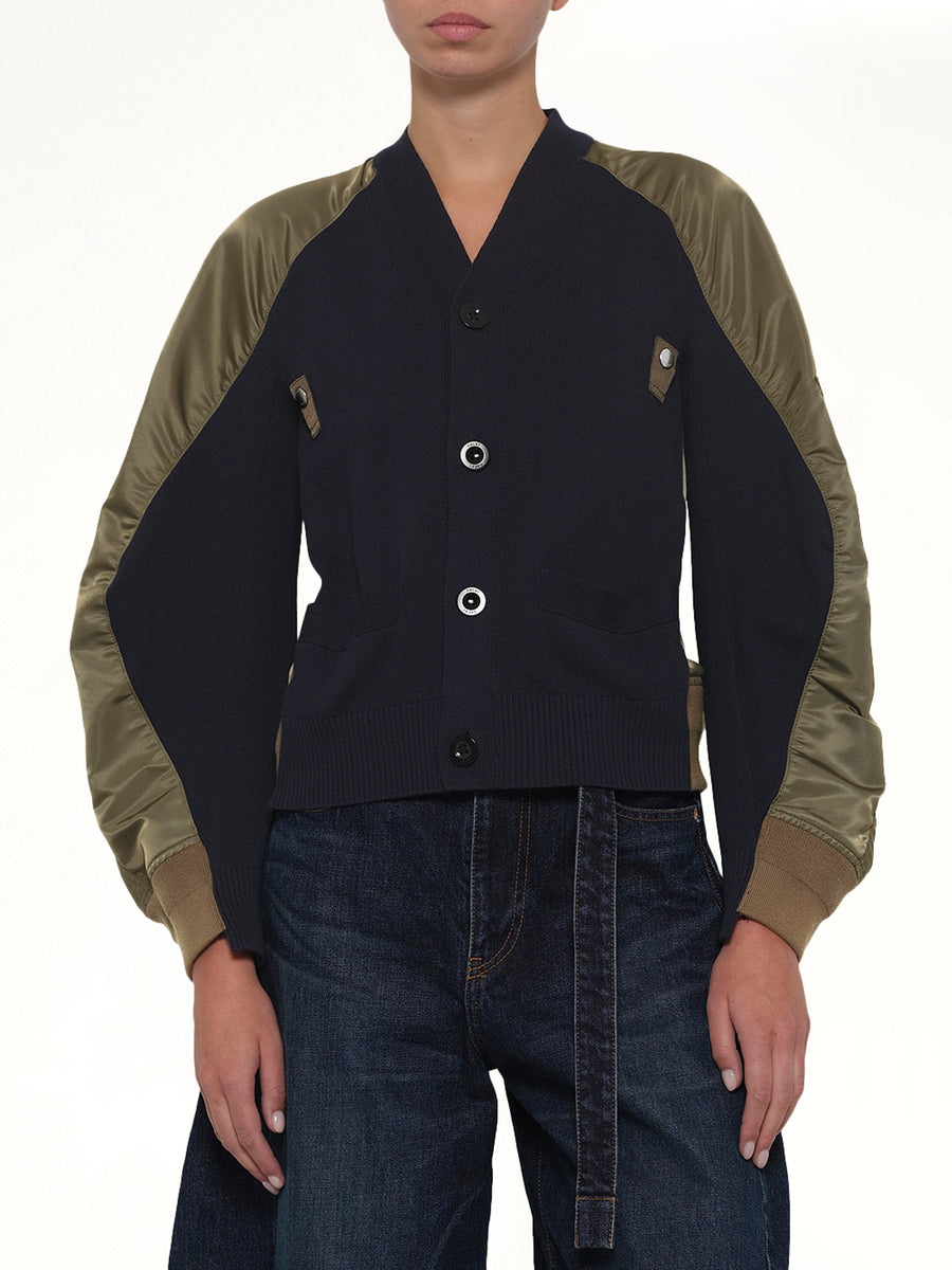 Nylon Twill x Knit Cardigan in Navy/Dark Khaki