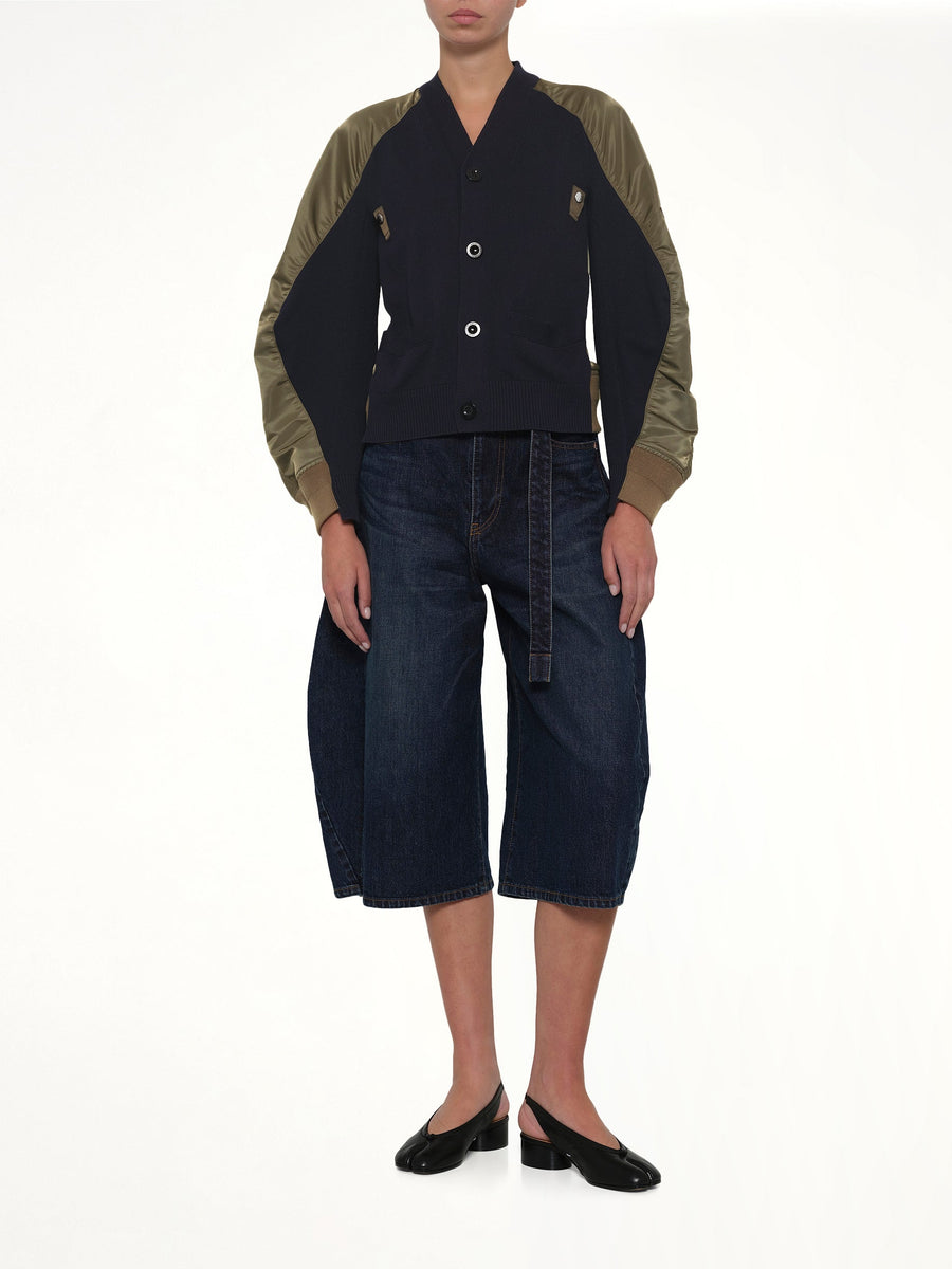 Nylon Twill x Knit Cardigan in Navy/Dark Khaki