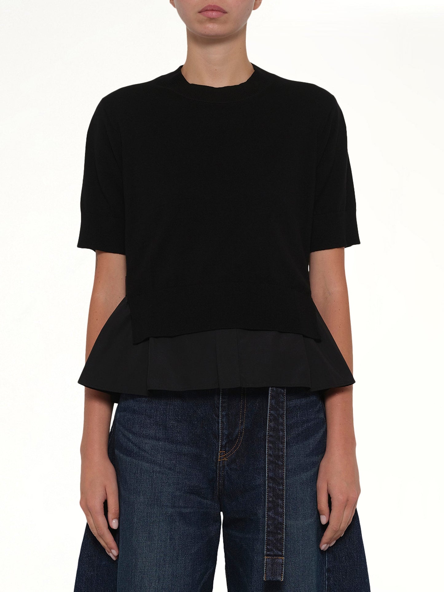 Poplin x Cotton Knit Pullover in Black