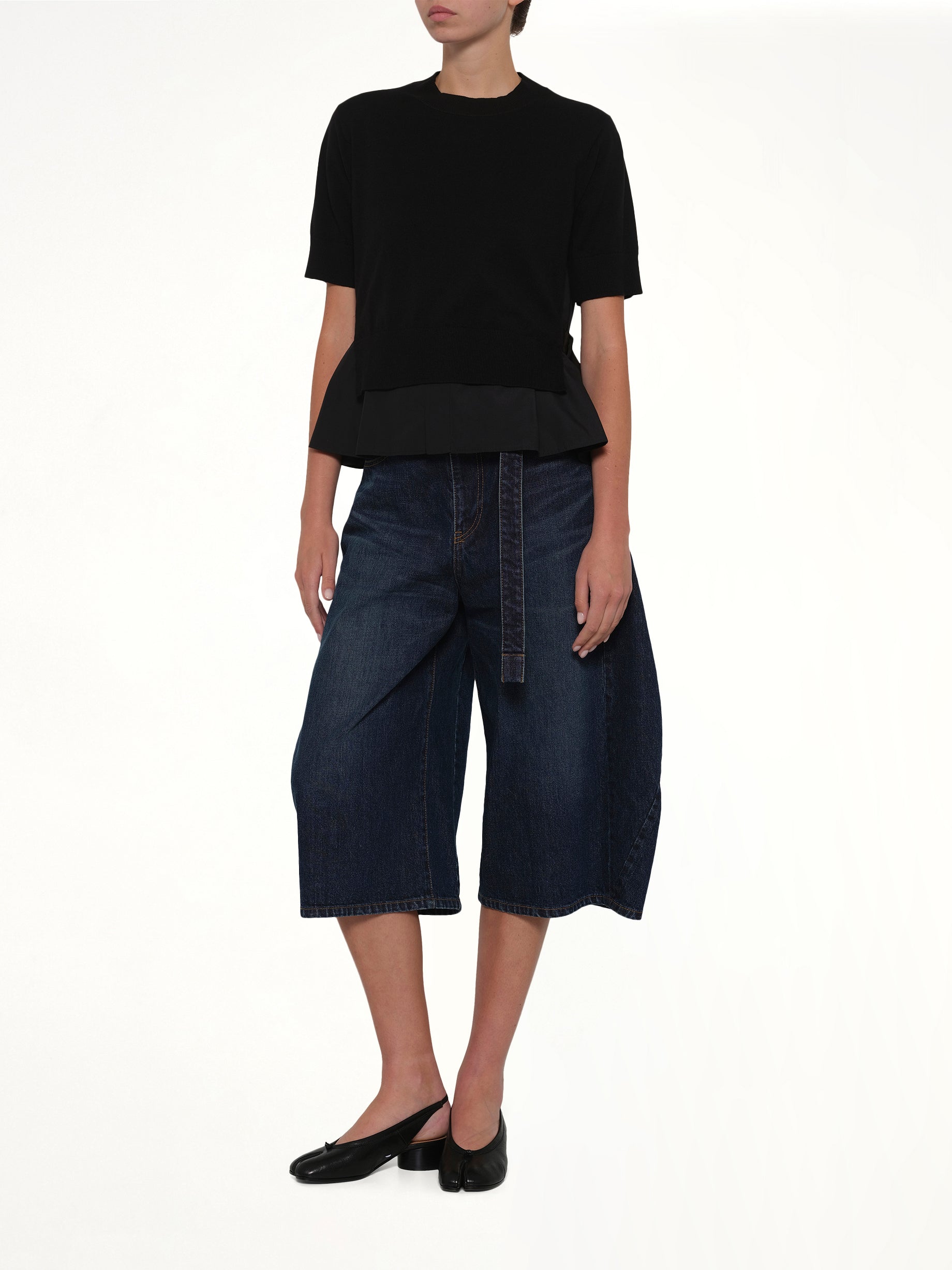 SACAI Poplin x Cotton Knit Pullover in Black Full Reference from MARAIS