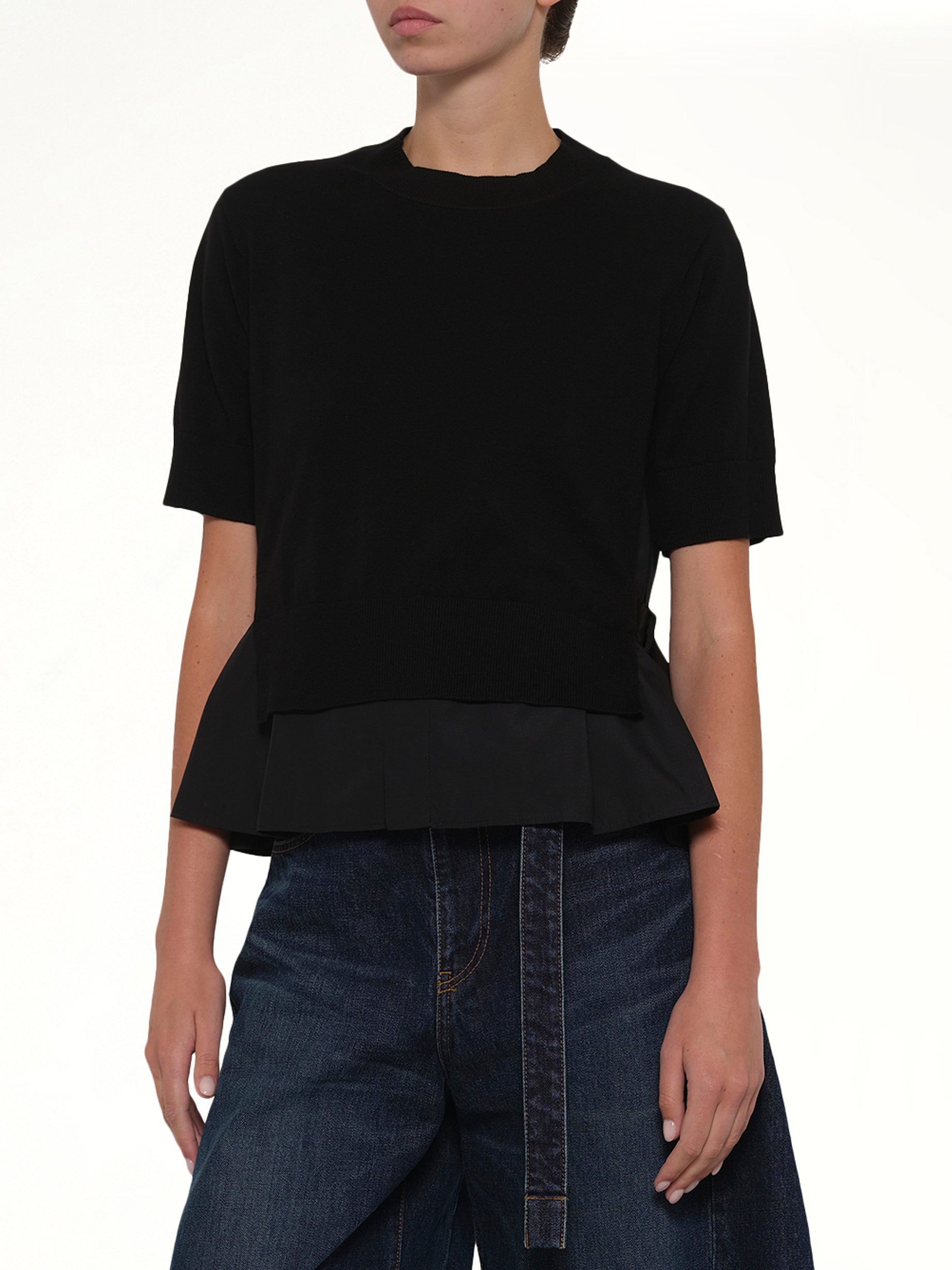 SACAI Poplin x Cotton Knit Pullover in Black Detail Shot from MARAIS