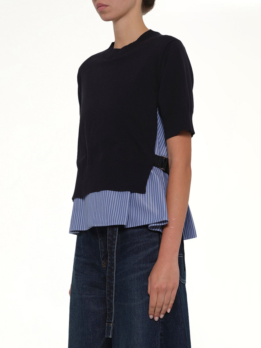 Poplin x Cotton Knit Pullover in Navy