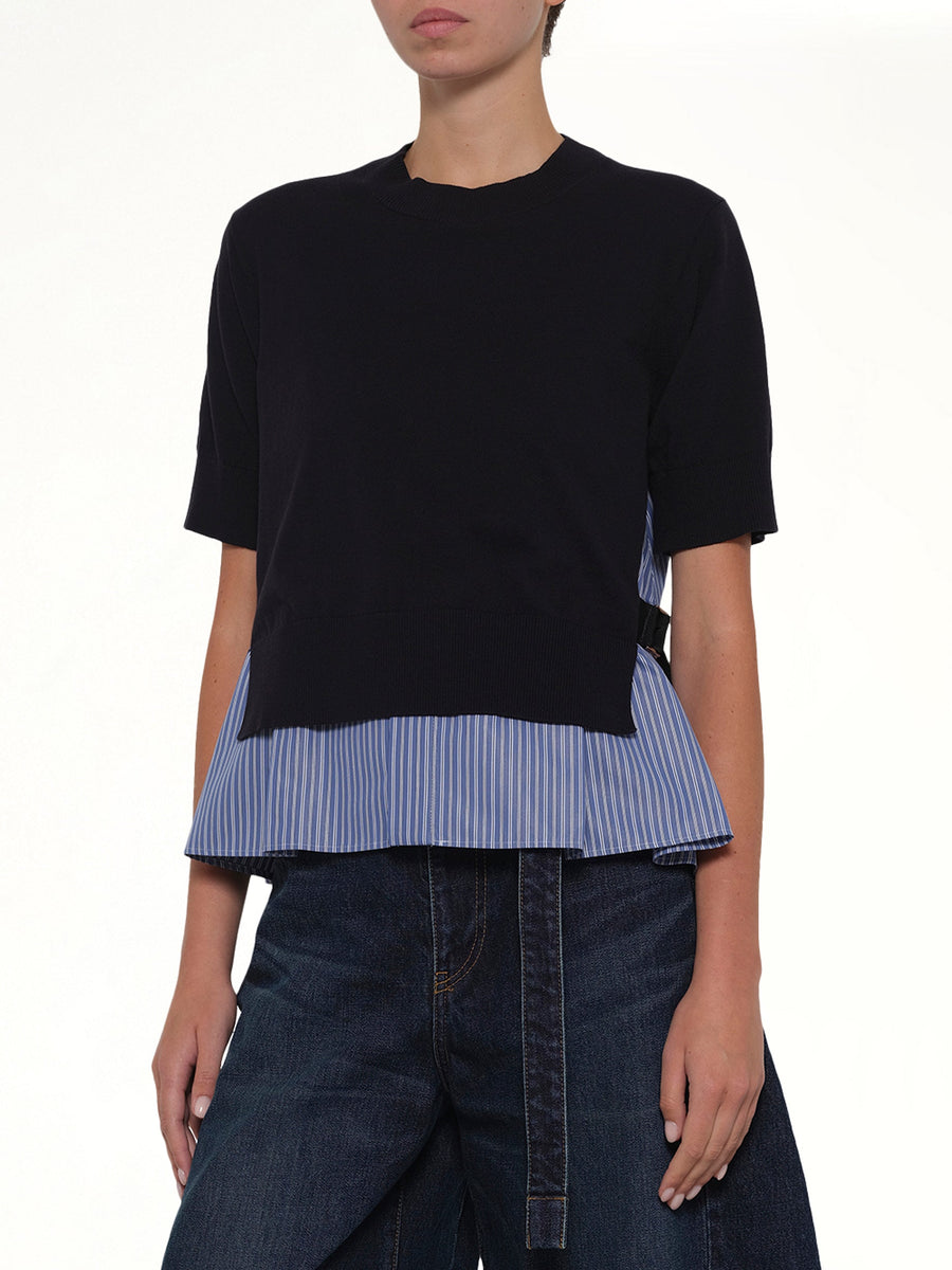 Poplin x Cotton Knit Pullover in Navy