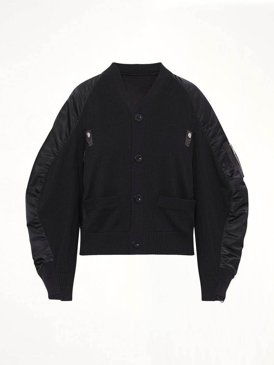 Nylon Twill x Knit Cardigan in Black