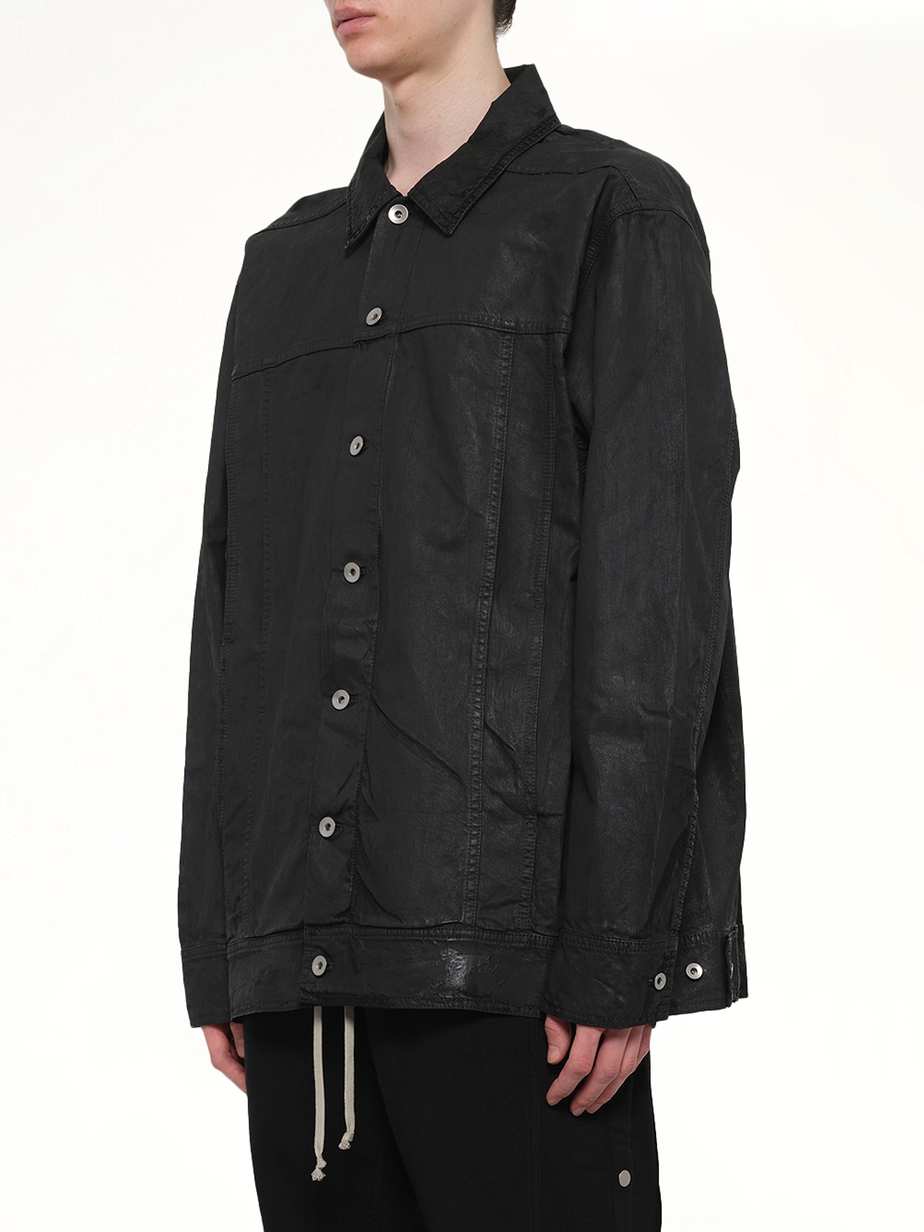 RICK OWENS DRKSHDW Jumbo Worker Jacket in Black Side View from MARAIS