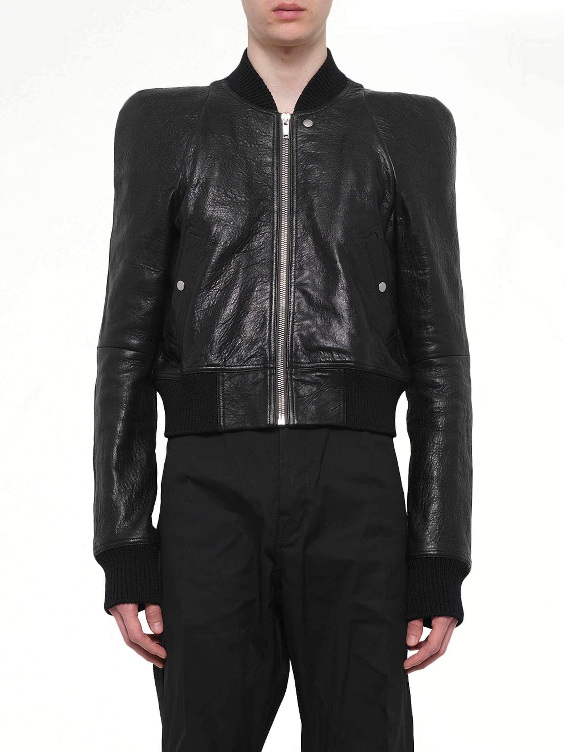 RICK OWENS , 
, 
, Temple Flight Leather Jacket in Black Front View from MARAIS