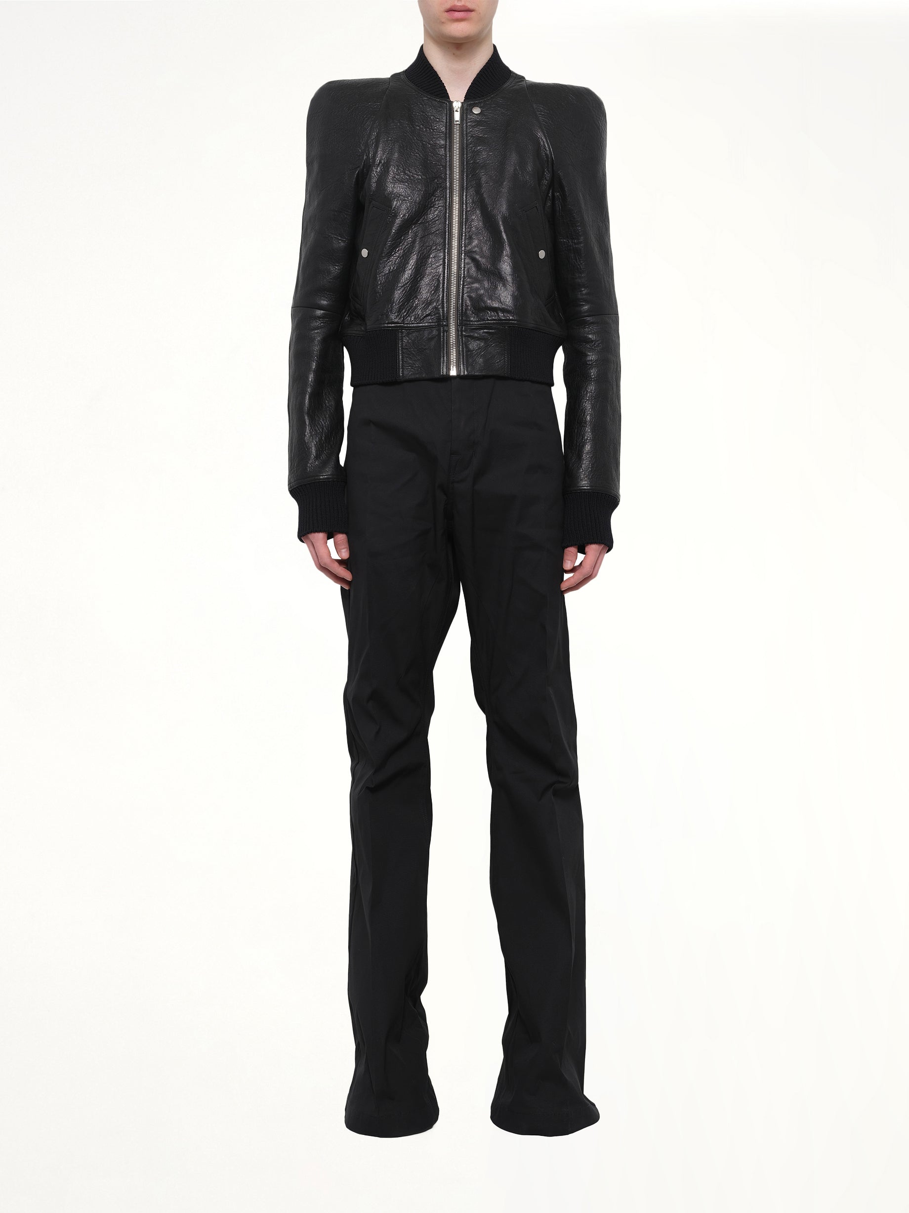 RICK OWENS , 
, 
, Temple Flight Leather Jacket in Black Model View from MARAIS