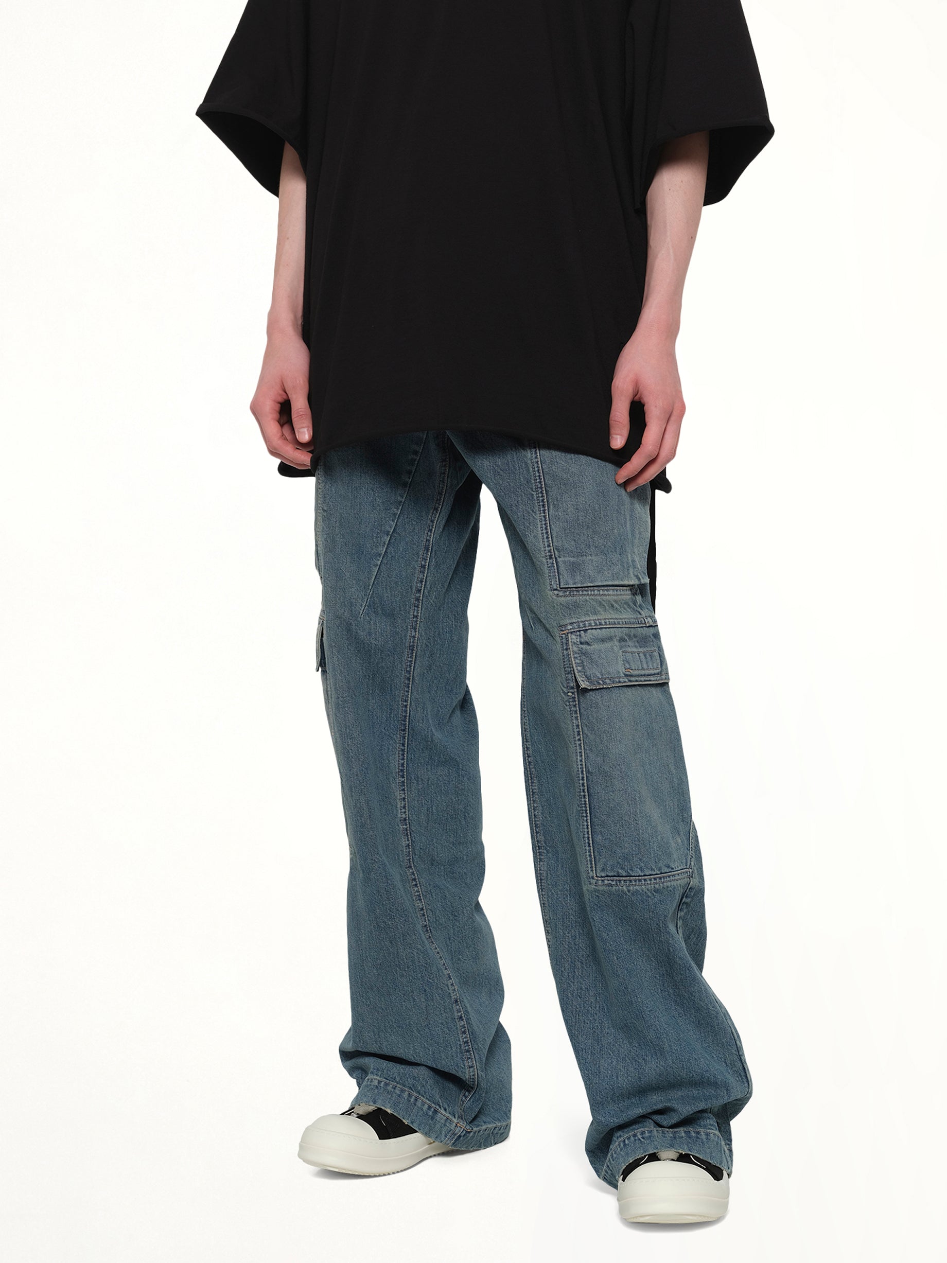 RICK OWENS DRKSHDW Double Cargo Jeans in Washed Indigo Detail Shot from MARAIS